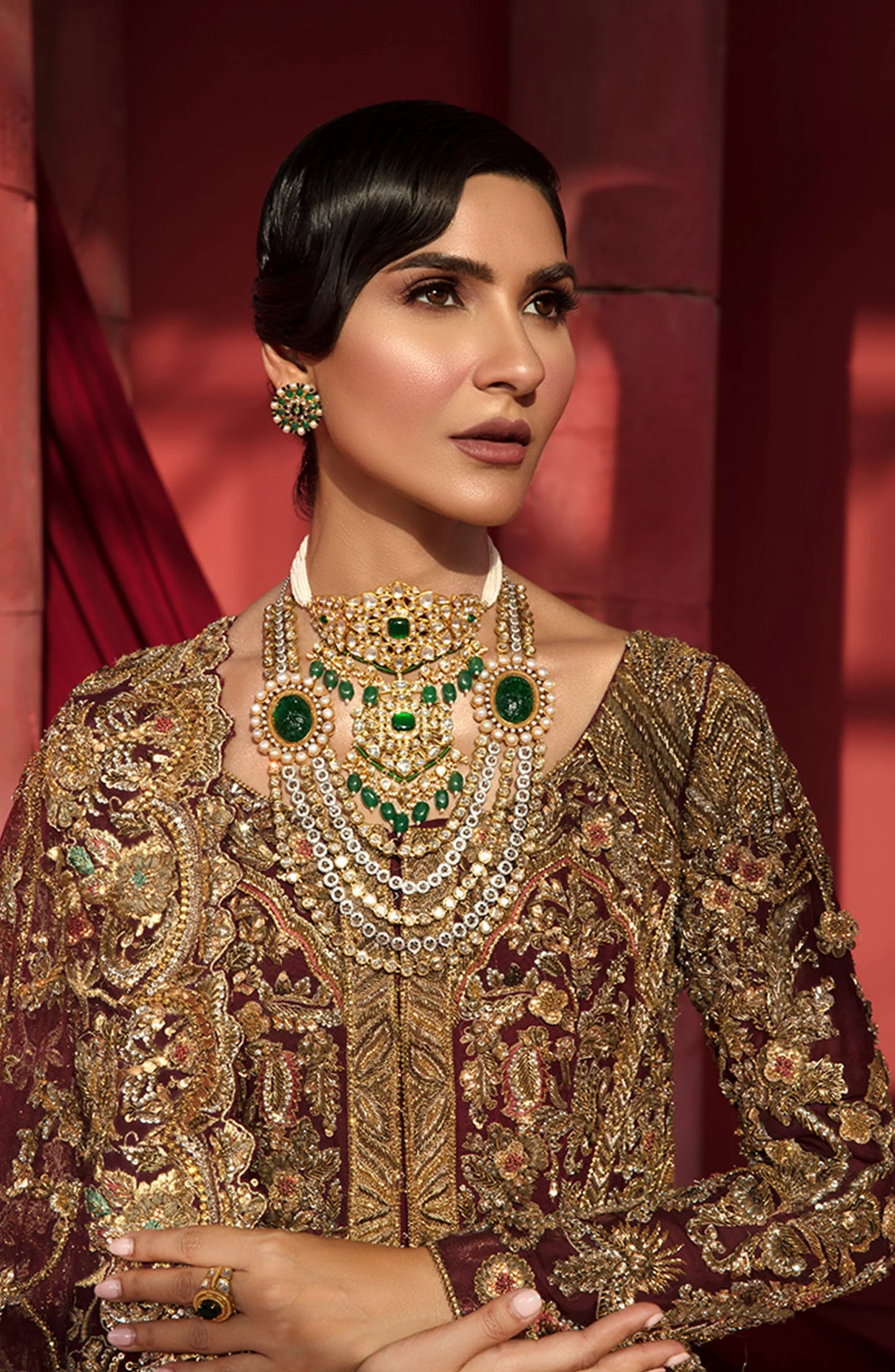 HSY Zuleikha - Elegant Maroon Bridal Dress with Gold Accents