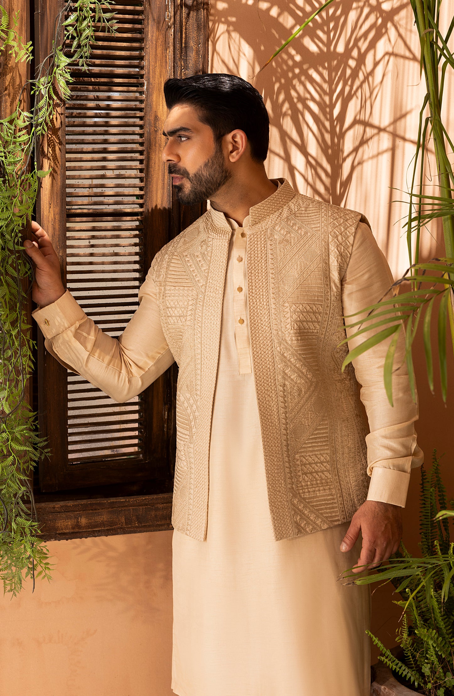 Creme Embroidered Waistcoat Shalwar Kameez