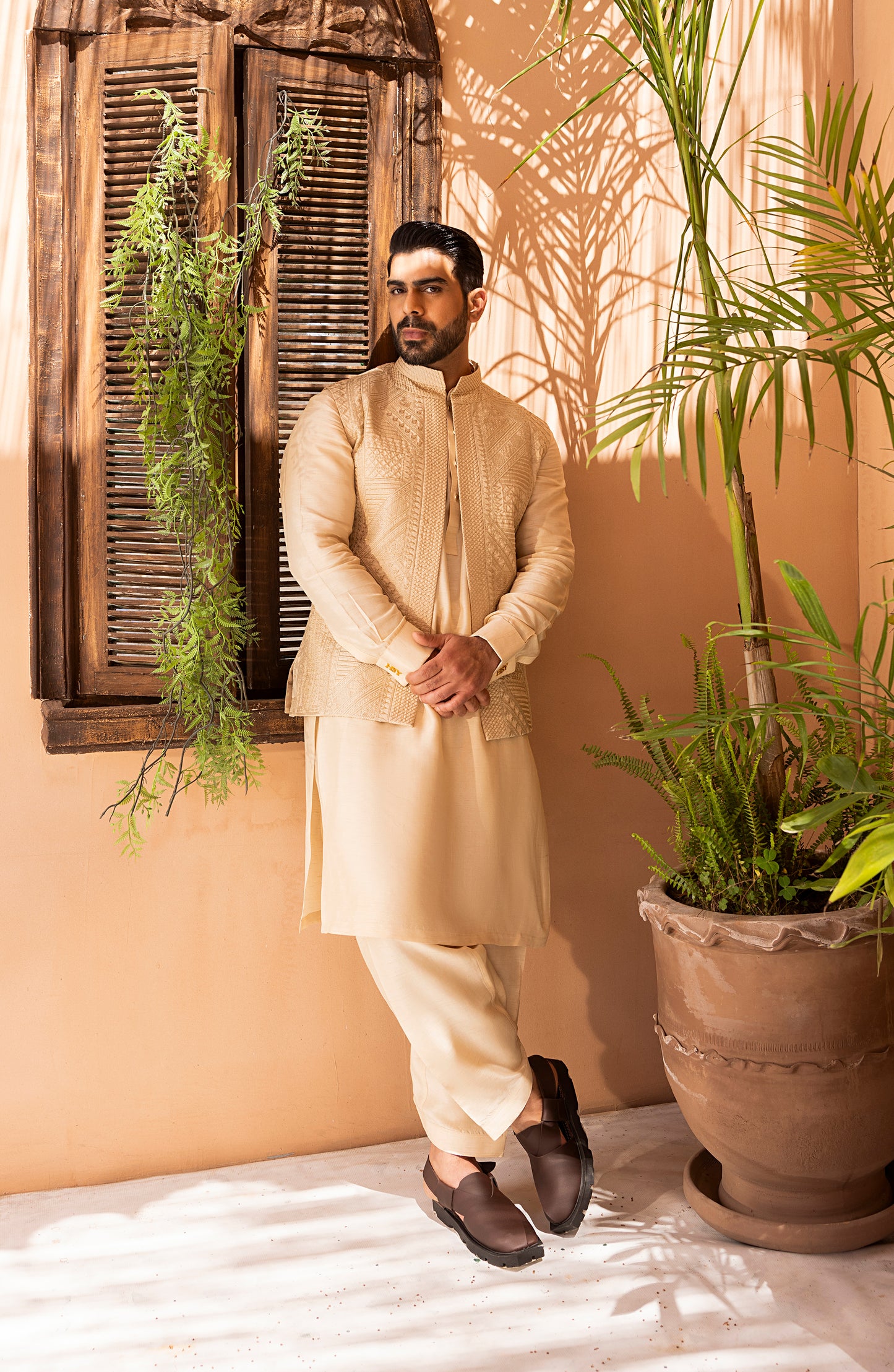 Creme Embroidered Waistcoat Shalwar Kameez