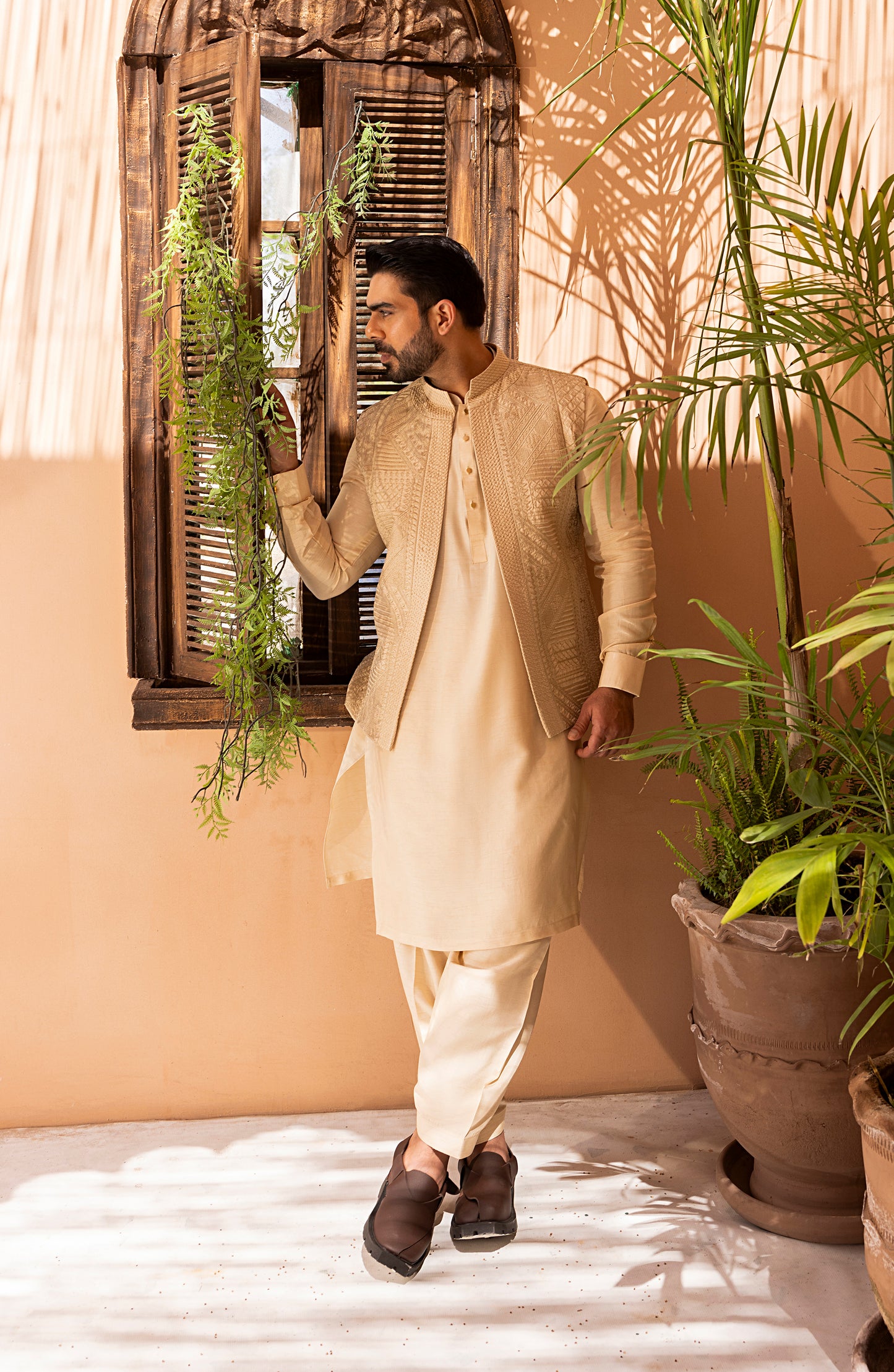 Creme Embroidered Waistcoat Shalwar Kameez