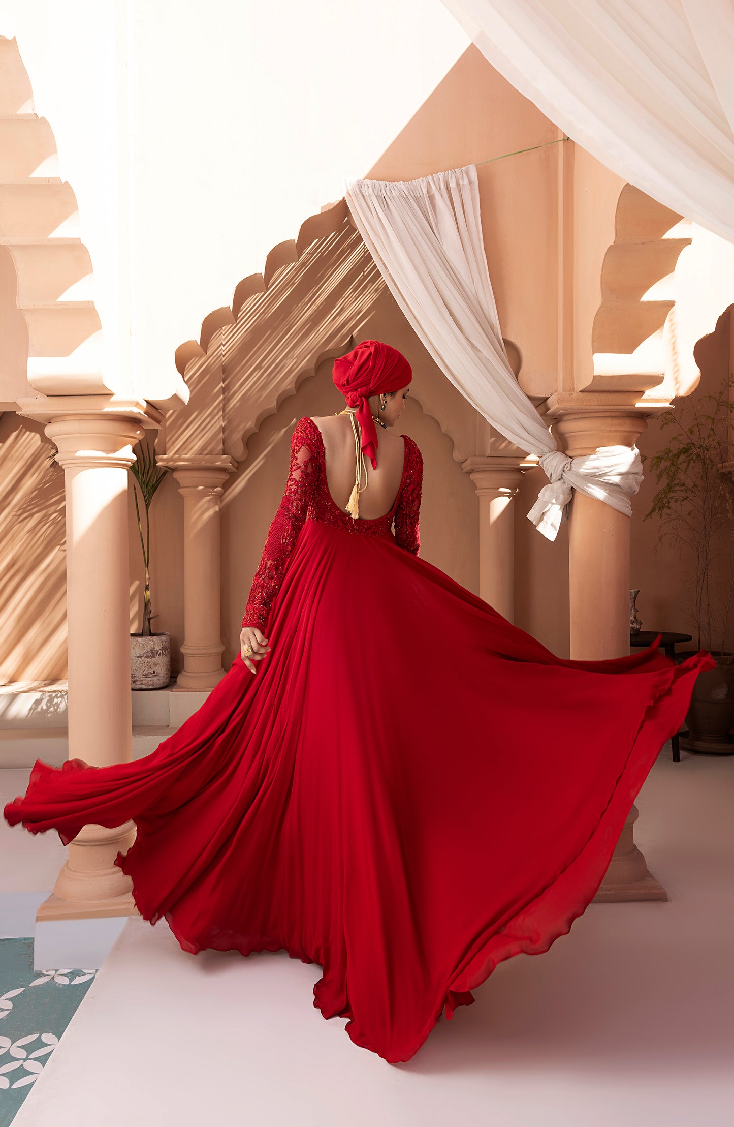 Crimson Red - Georgette Floor-Length Gown with Embellished Bodice