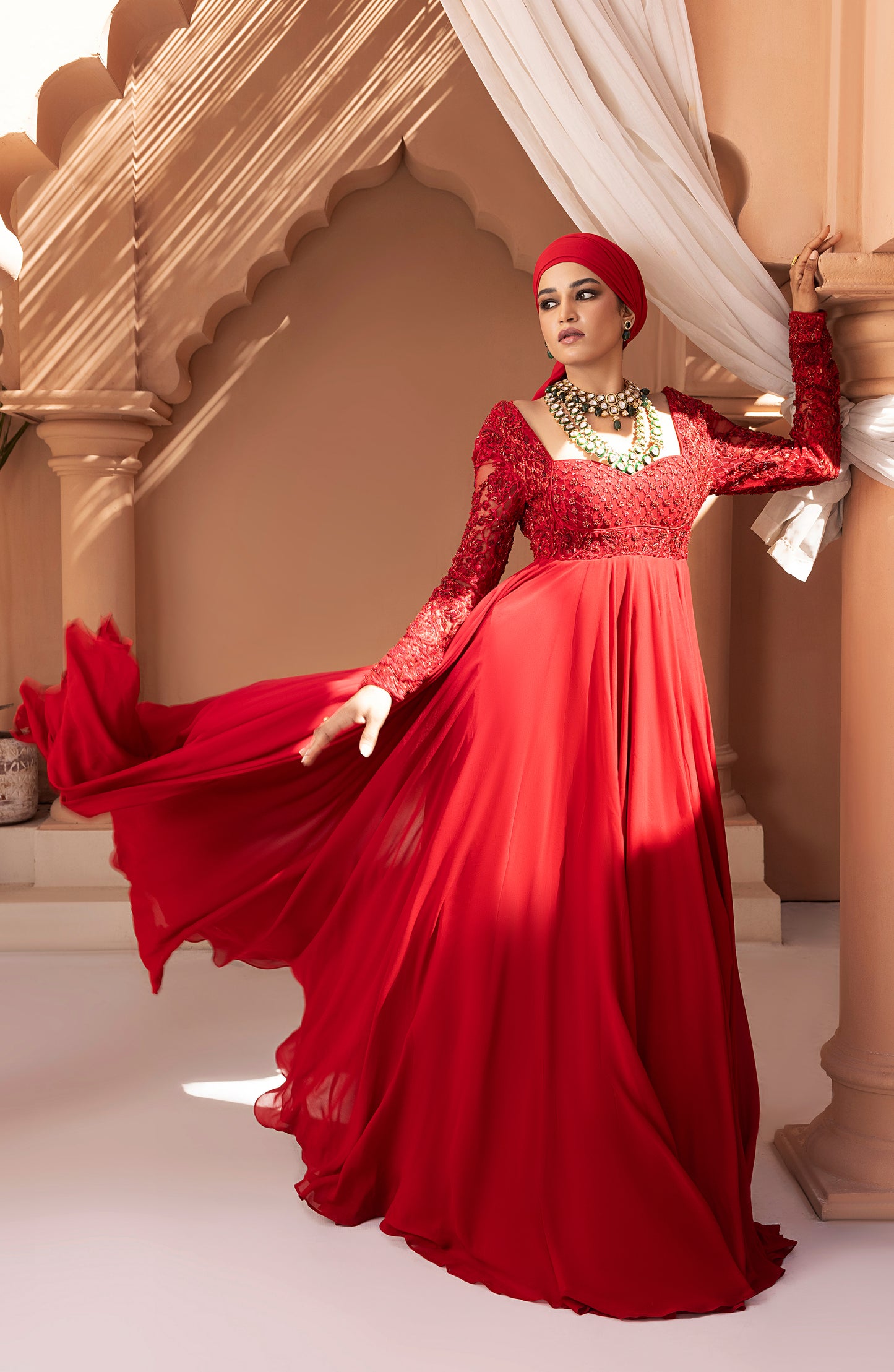 Crimson Red - Georgette Floor-Length Gown with Embellished Bodice