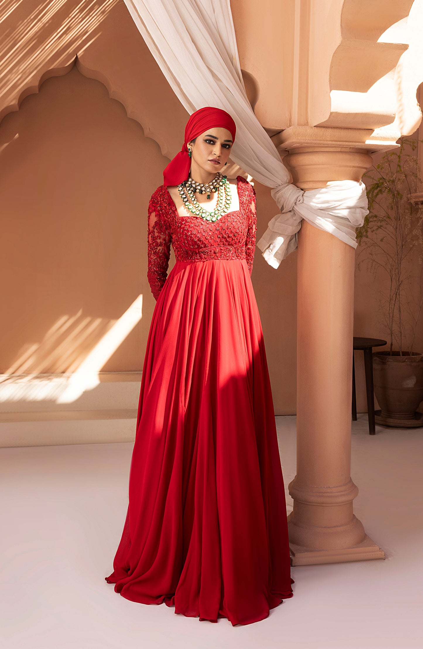 Crimson Red - Georgette Floor-Length Gown with Embellished Bodice