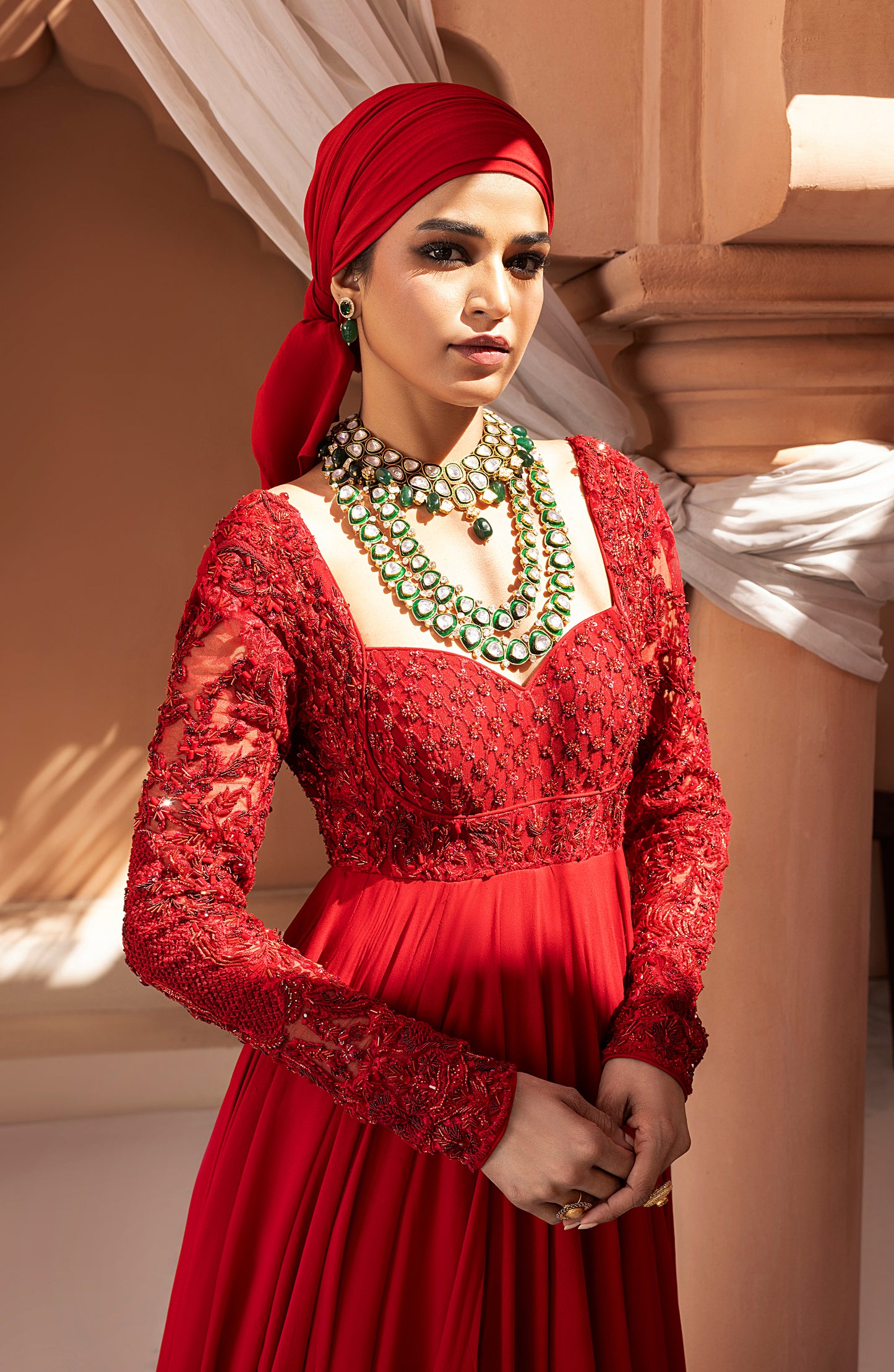 Crimson Red - Georgette Floor-Length Gown with Embellished Bodice