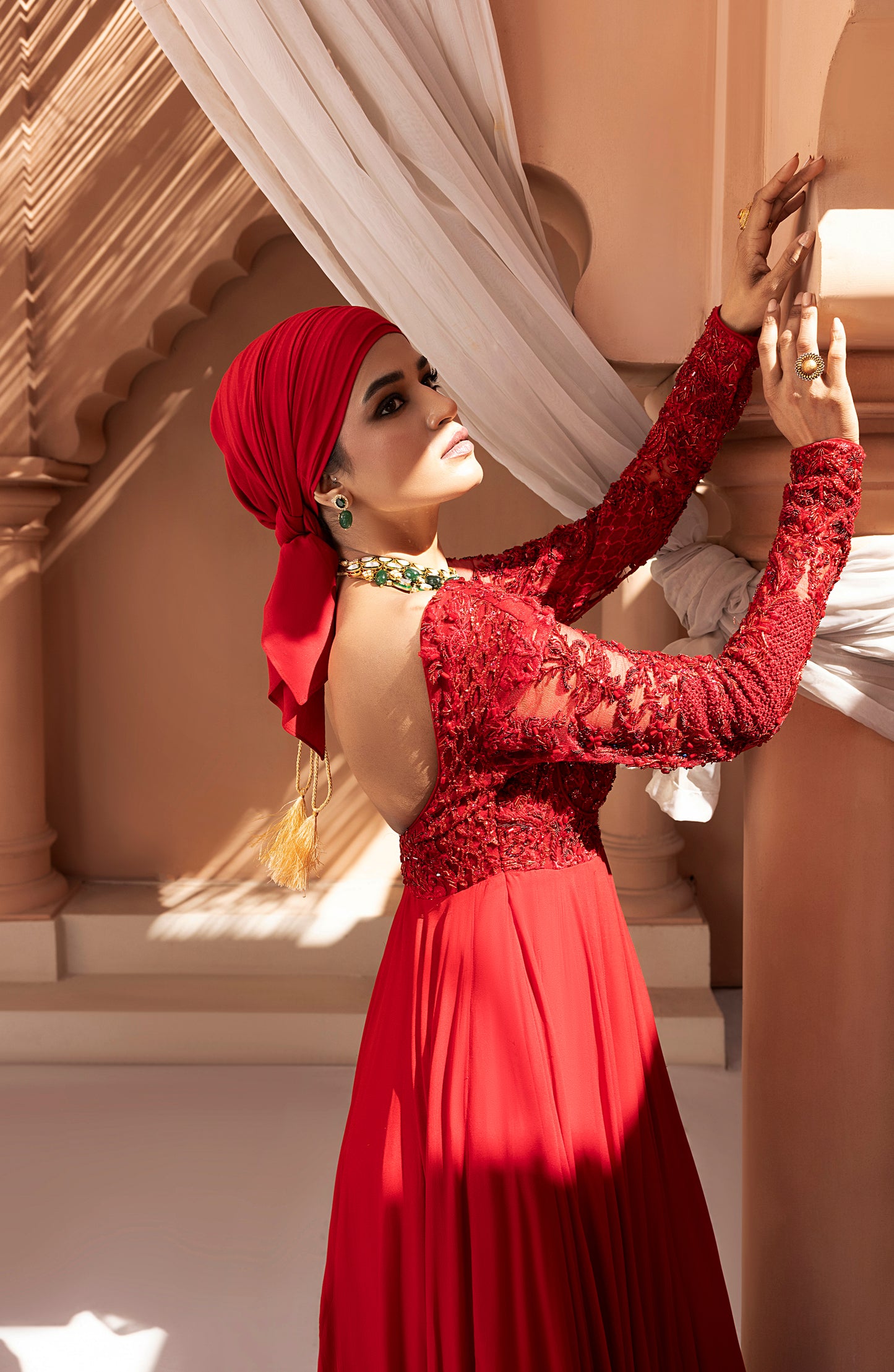 Crimson Red - Georgette Floor-Length Gown with Embellished Bodice