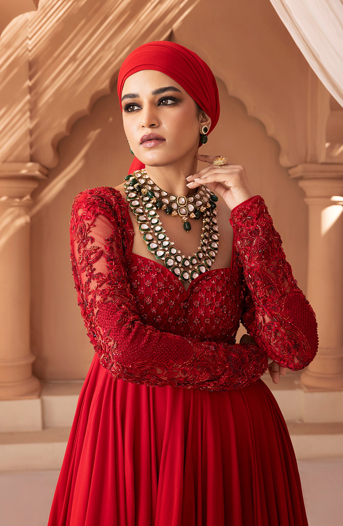 Crimson Red - Georgette Floor-Length Gown with Embellished Bodice