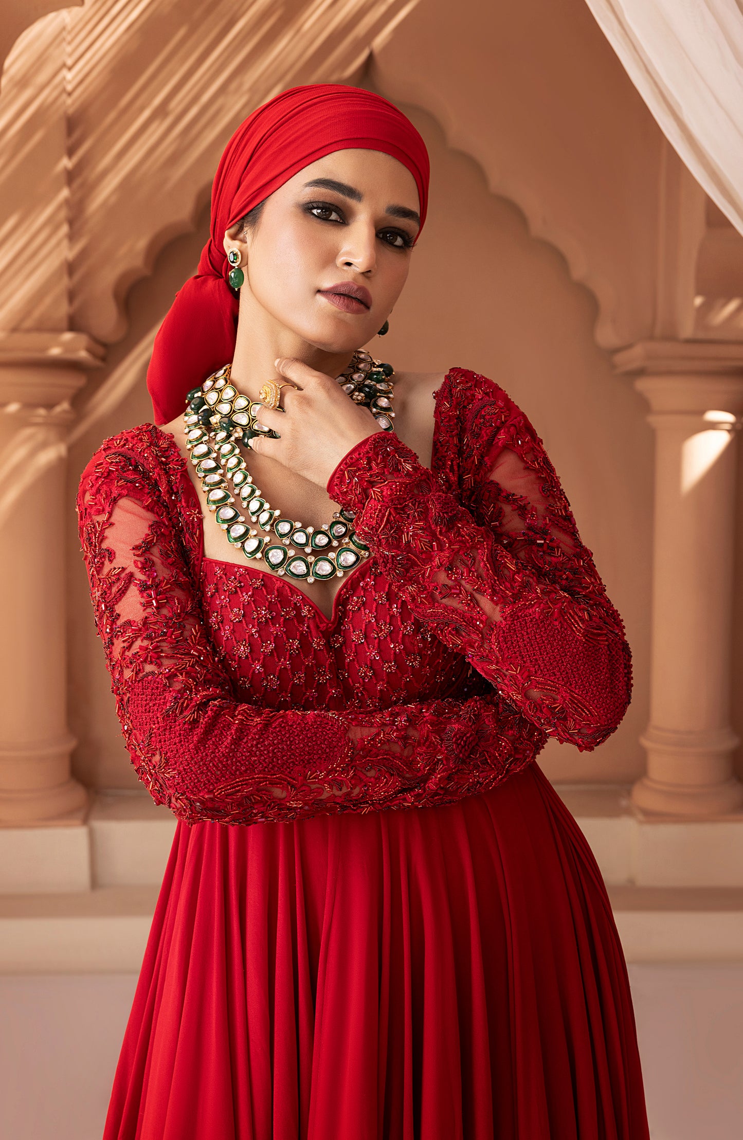 Crimson Red - Georgette Floor-Length Gown with Embellished Bodice