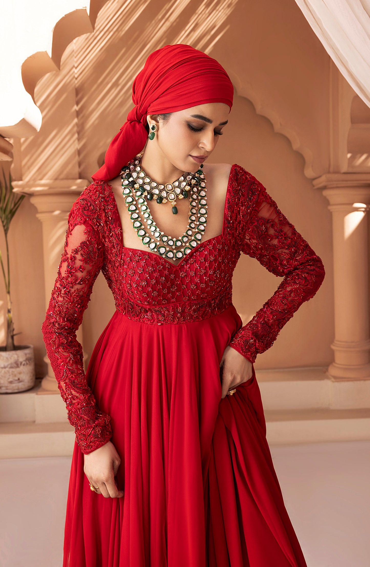 Crimson Red - Georgette Floor-Length Gown with Embellished Bodice