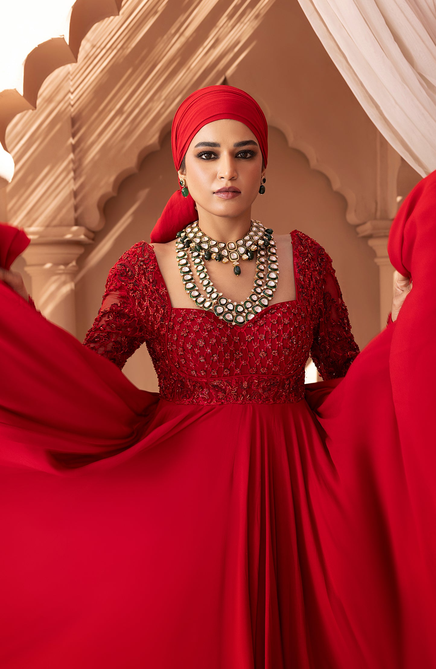 Crimson Red - Georgette Floor-Length Gown with Embellished Bodice