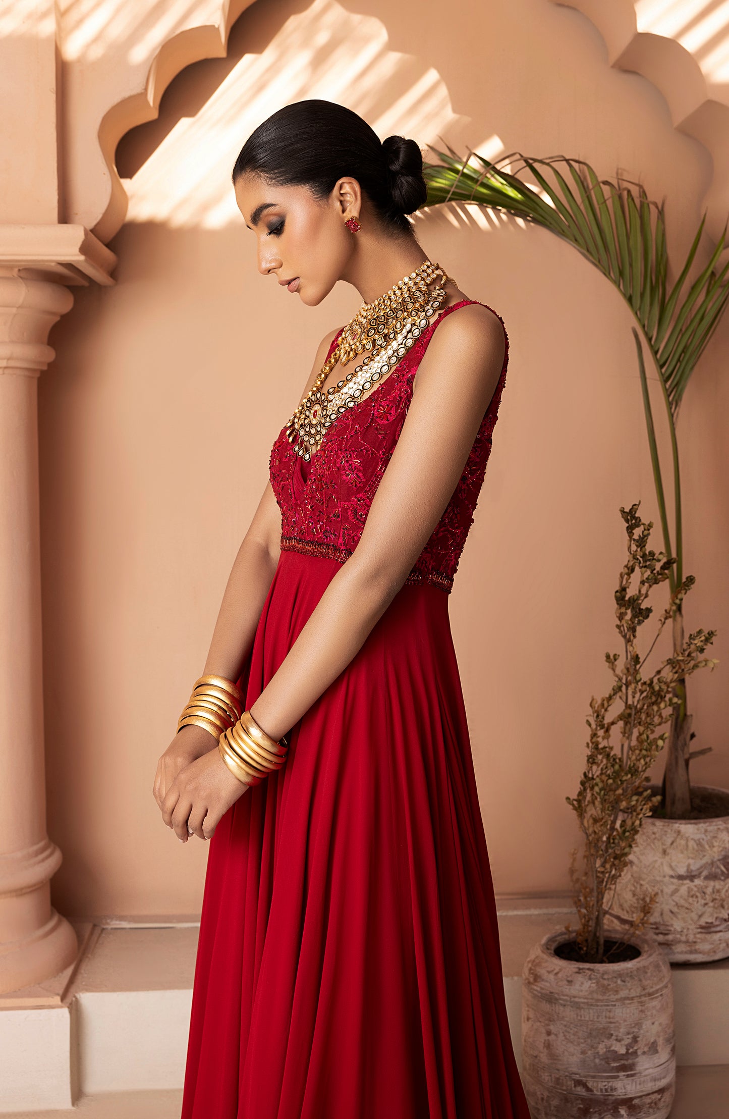 Scarlet Red - Georgette Floor-Length Gown with Embellished Bodice