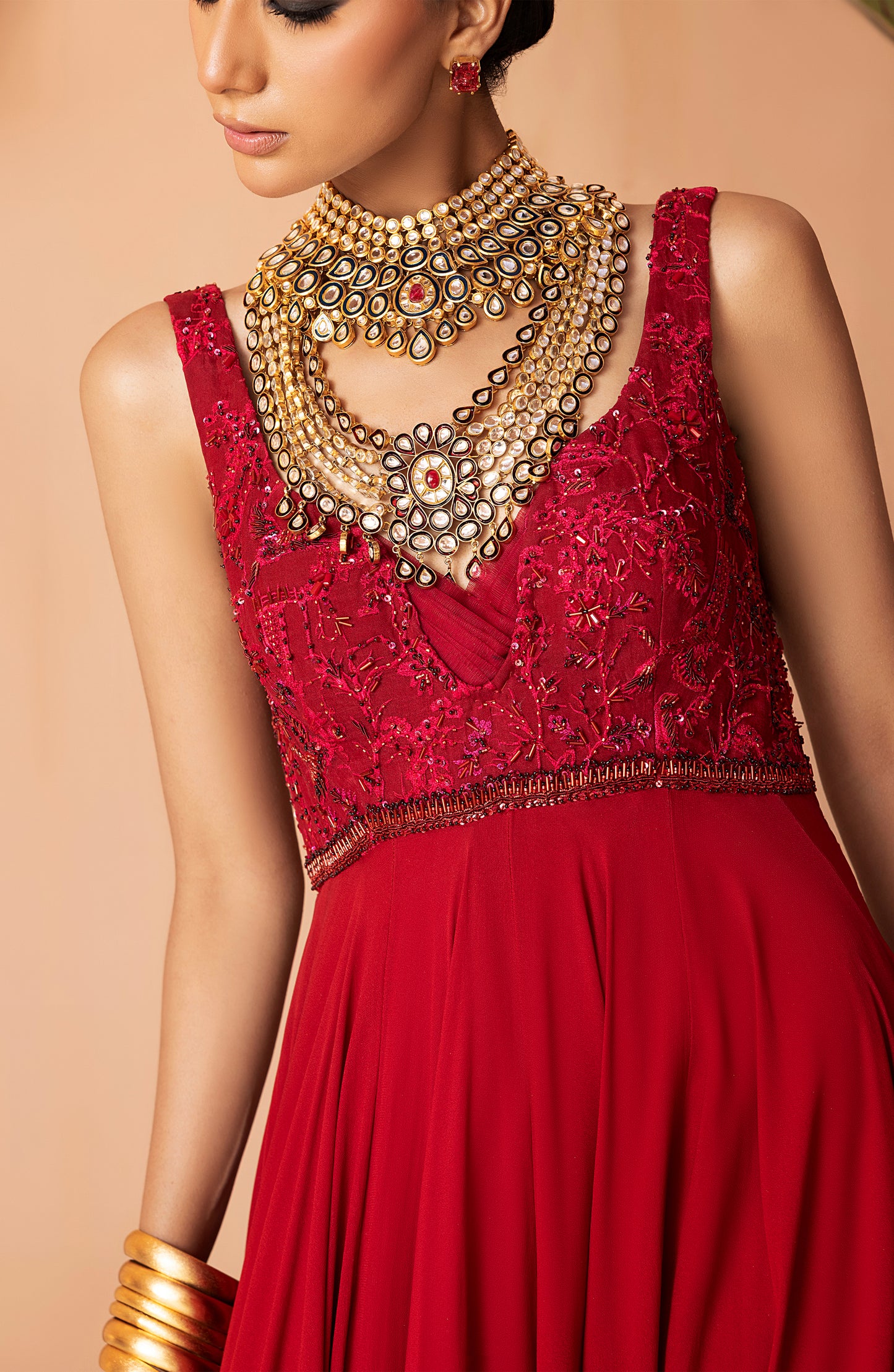 Scarlet Red - Georgette Floor-Length Gown with Embellished Bodice