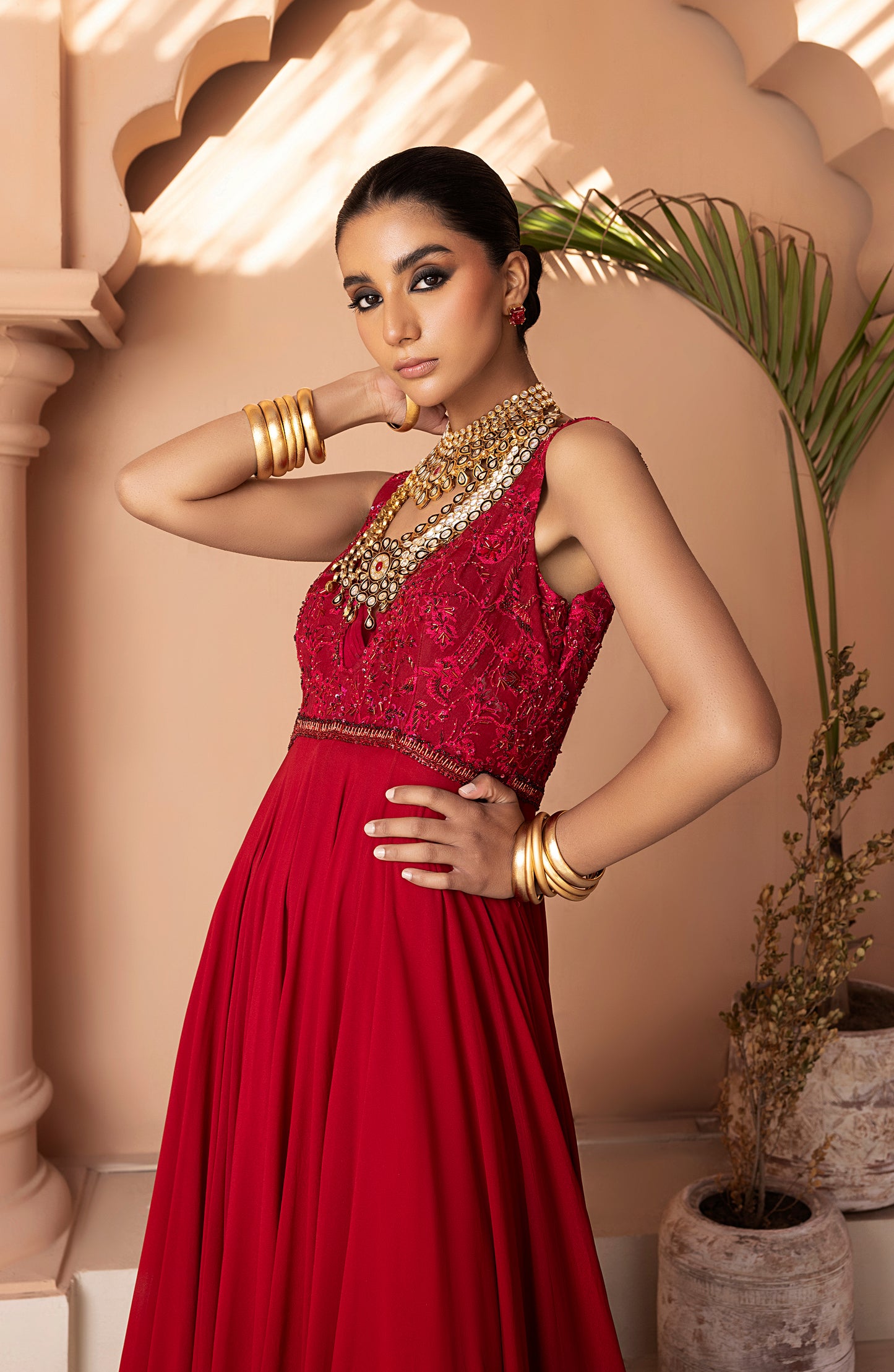 Scarlet Red - Georgette Floor-Length Gown with Embellished Bodice