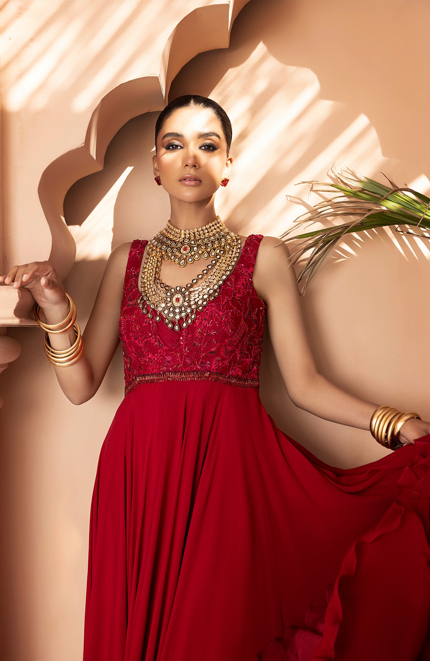 Scarlet Red - Georgette Floor-Length Gown with Embellished Bodice