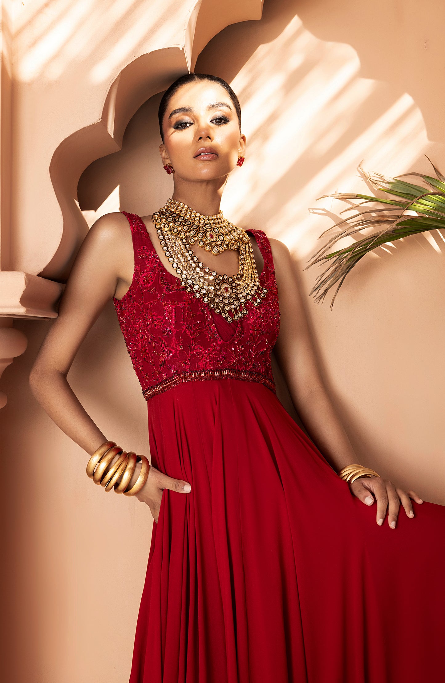Scarlet Red - Georgette Floor-Length Gown with Embellished Bodice
