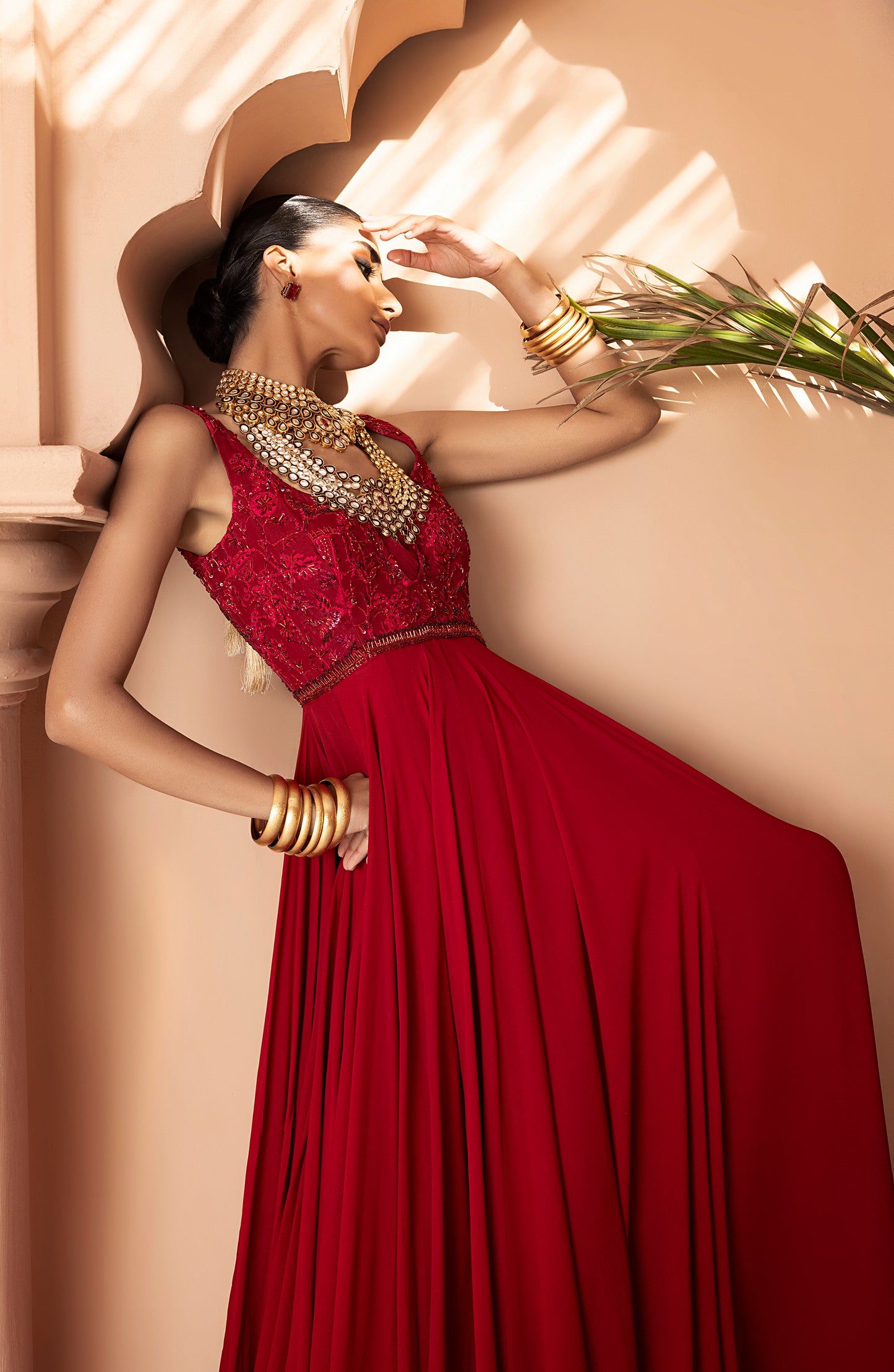 Scarlet Red - Georgette Floor-Length Gown with Embellished Bodice
