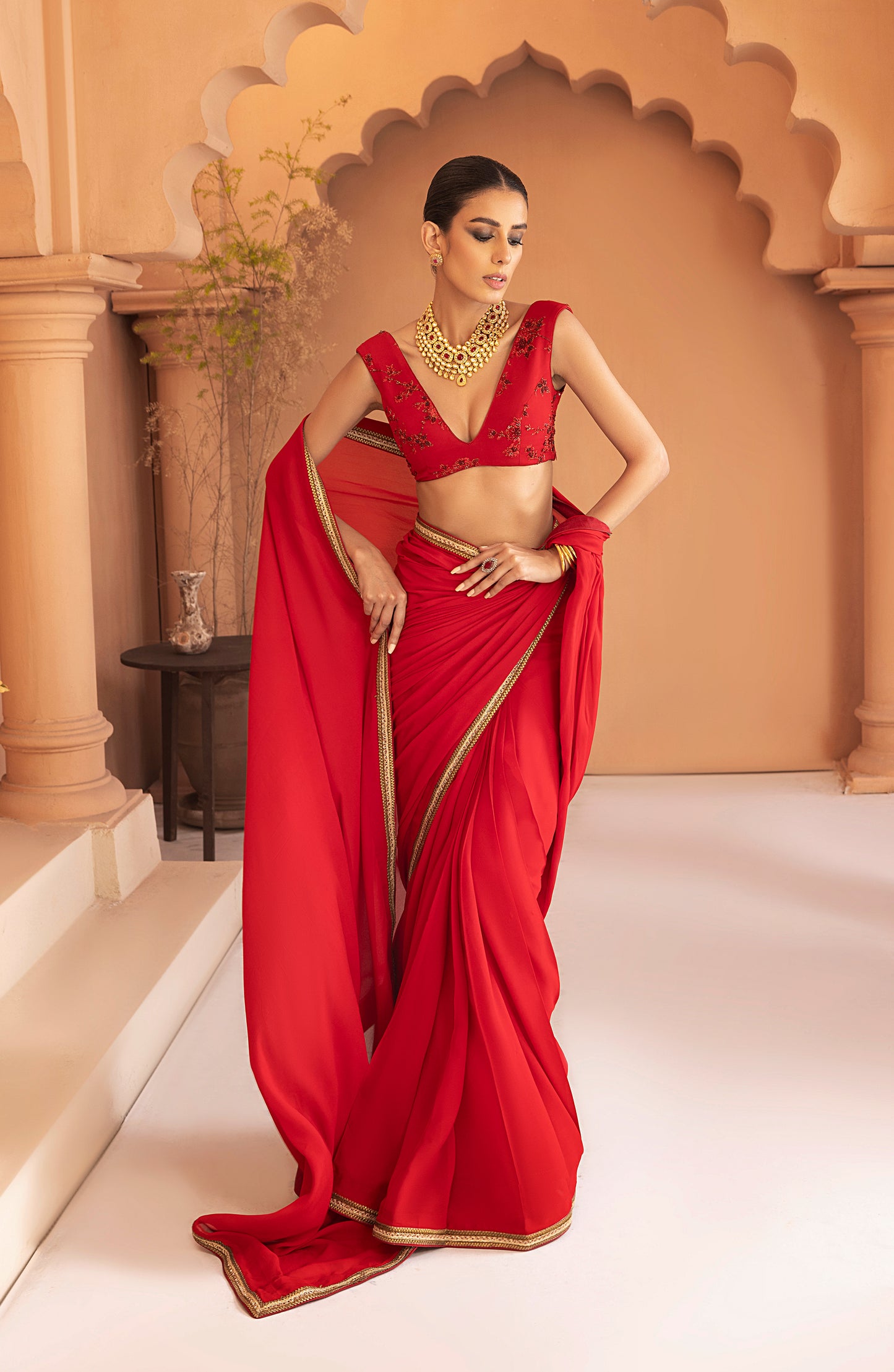 Garnet Red - Georgette Chiffon Saree with Gold Lace and Blouse