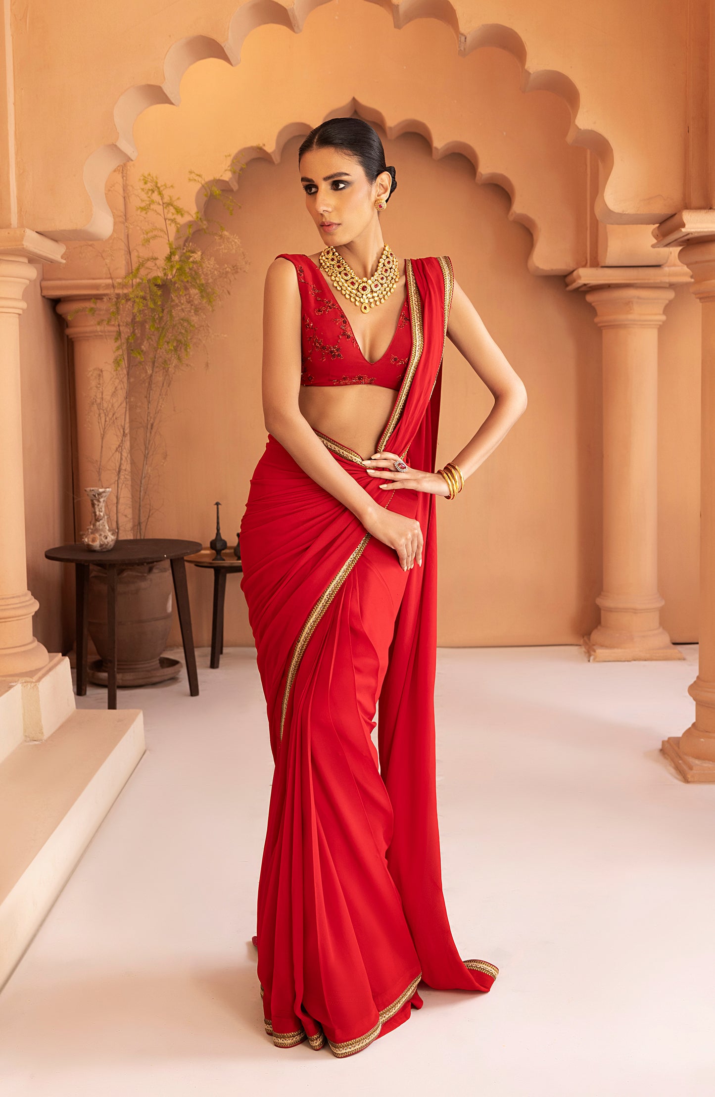 Garnet Red - Georgette Chiffon Saree with Gold Lace and Blouse