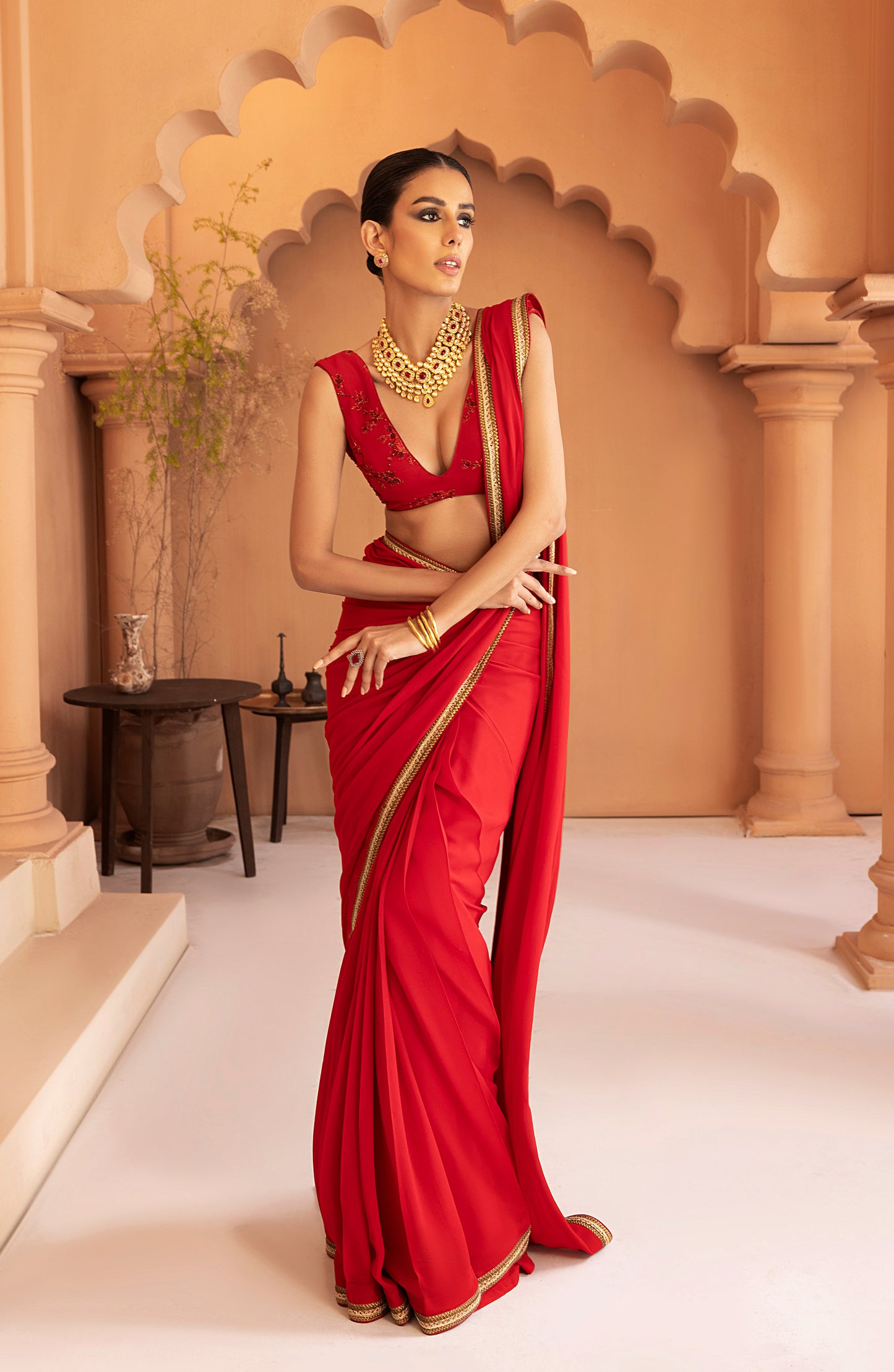 Garnet Red - Georgette Chiffon Saree with Gold Lace and Blouse