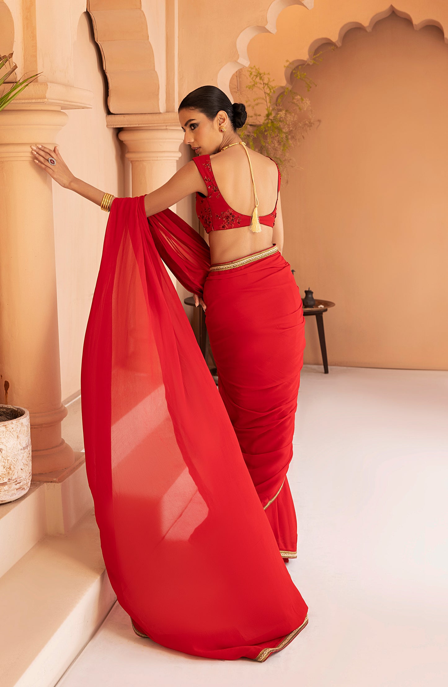 Garnet Red - Georgette Chiffon Saree with Gold Lace and Blouse