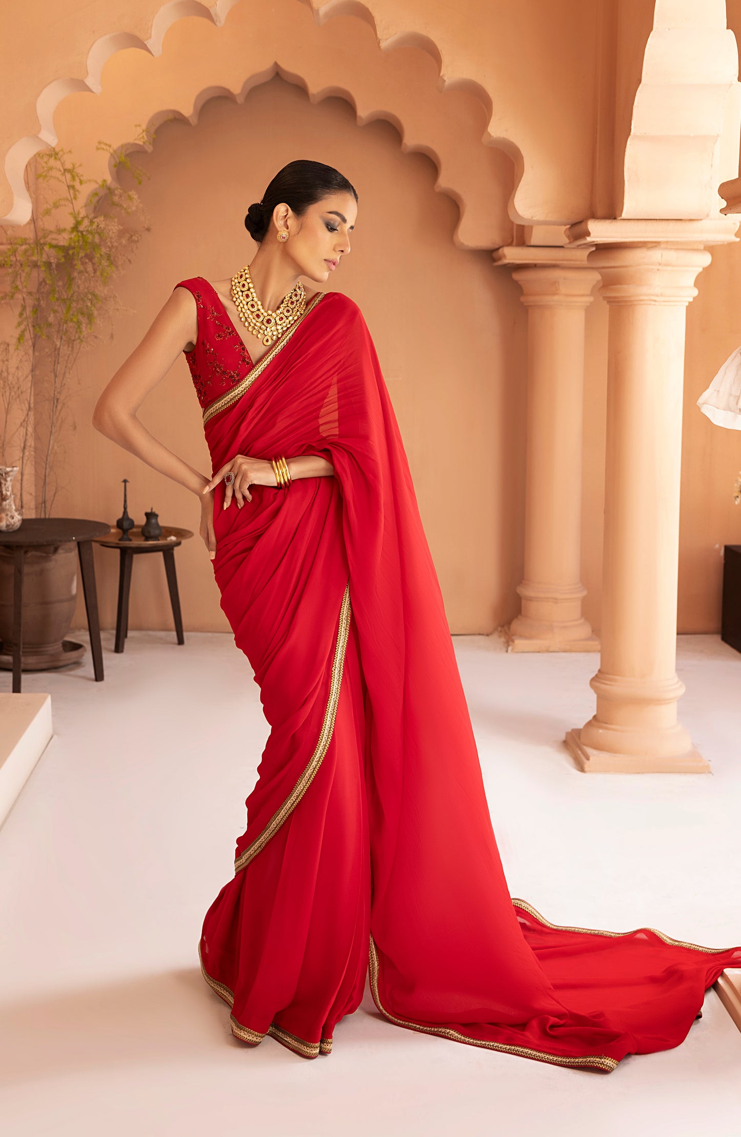 Garnet Red - Georgette Chiffon Saree with Gold Lace and Blouse