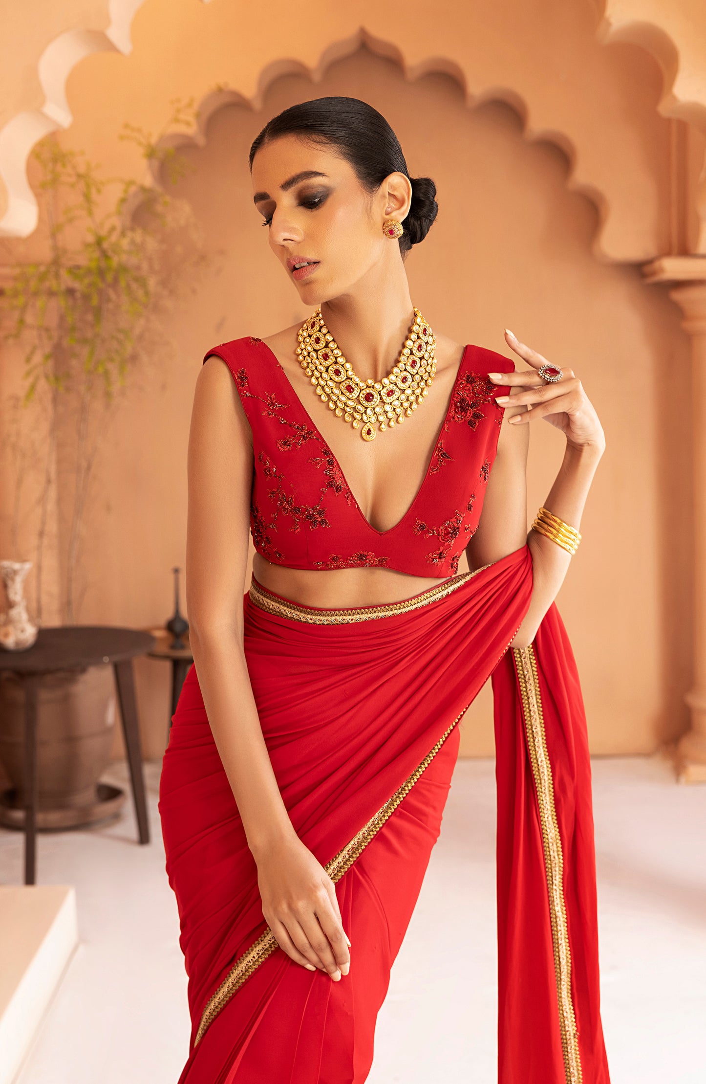 Garnet Red - Georgette Chiffon Saree with Gold Lace and Blouse