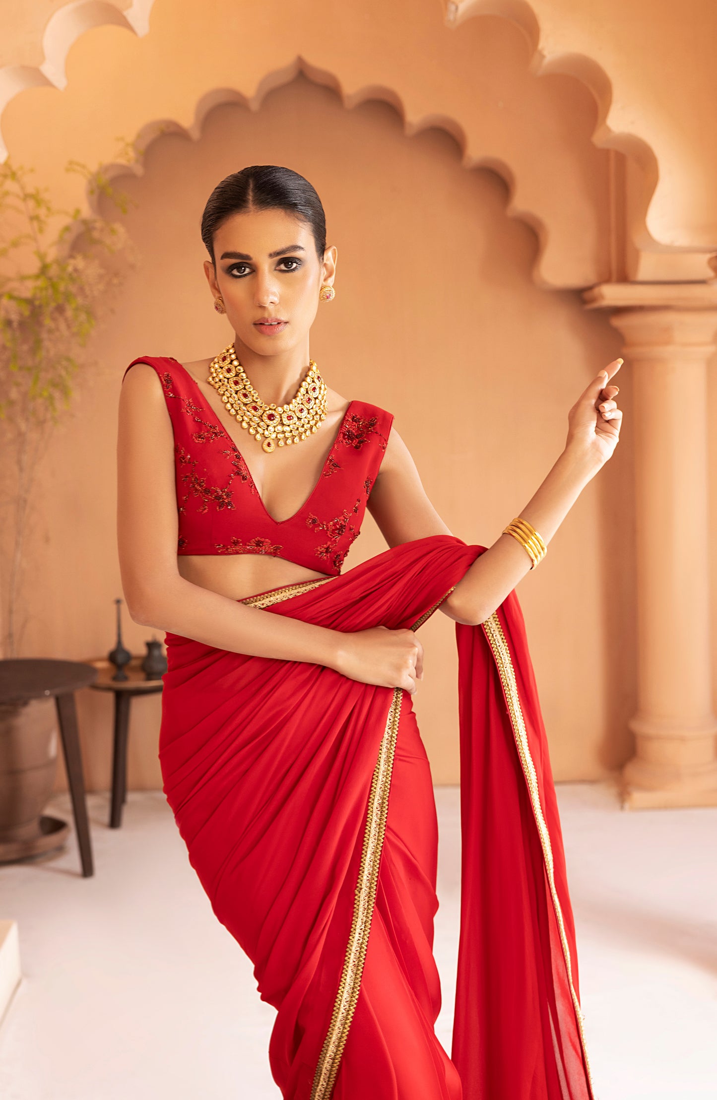 Garnet Red - Georgette Chiffon Saree with Gold Lace and Blouse