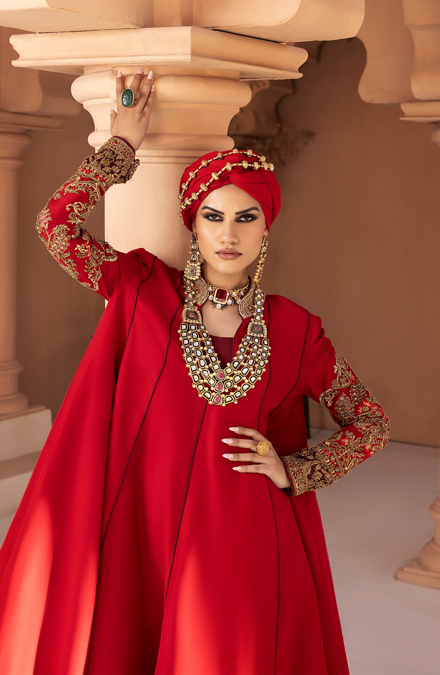 Ruby Red - Antique Embellished Floor-Length Gown