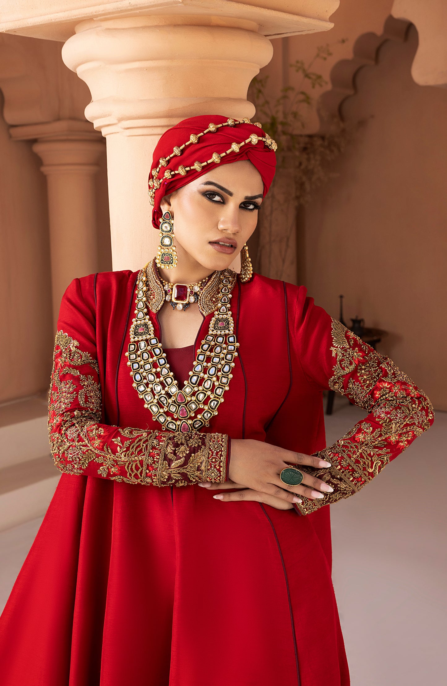 Ruby Red - Antique Embellished Floor-Length Gown
