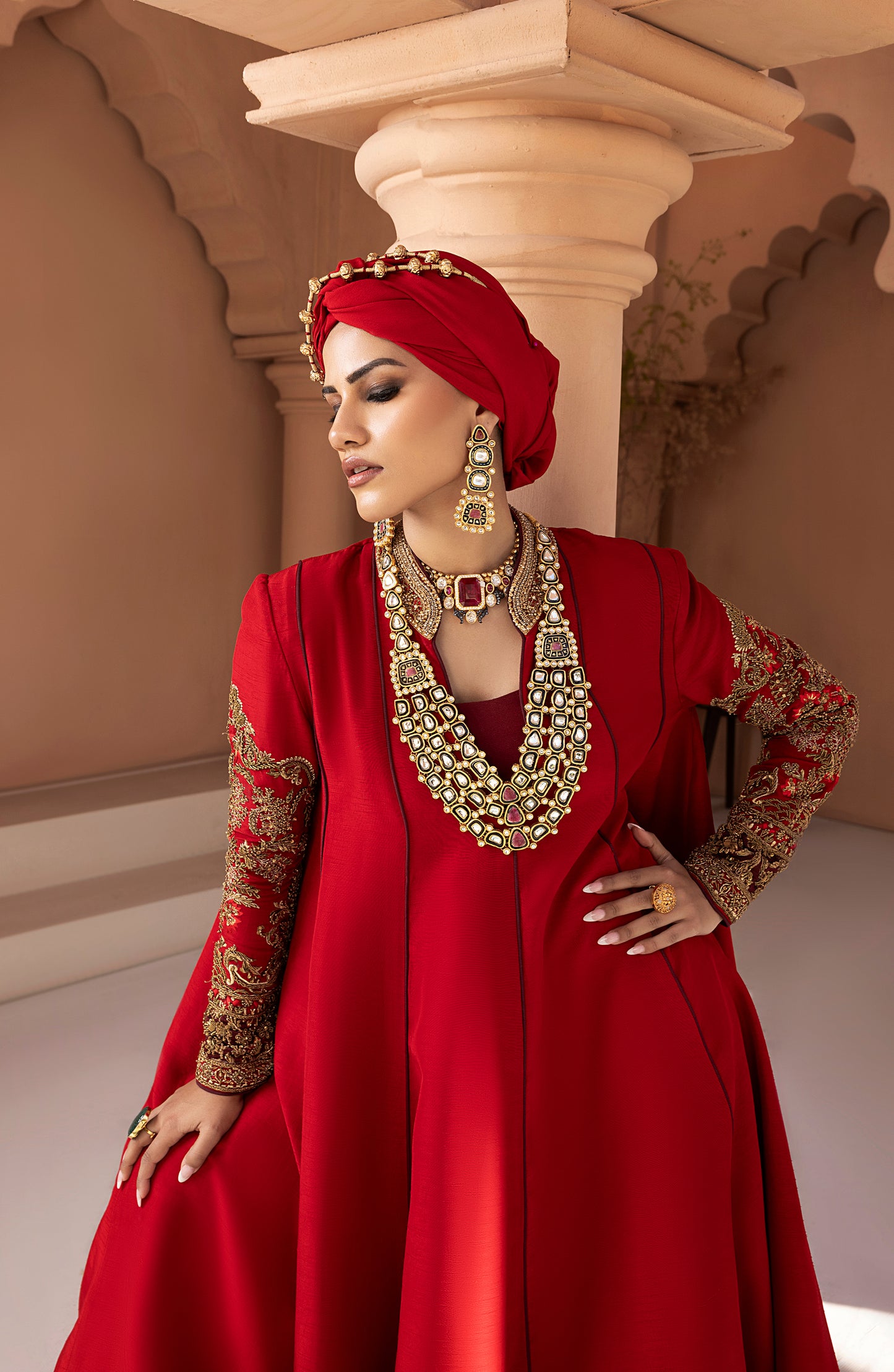 Ruby Red - Antique Embellished Floor-Length Gown