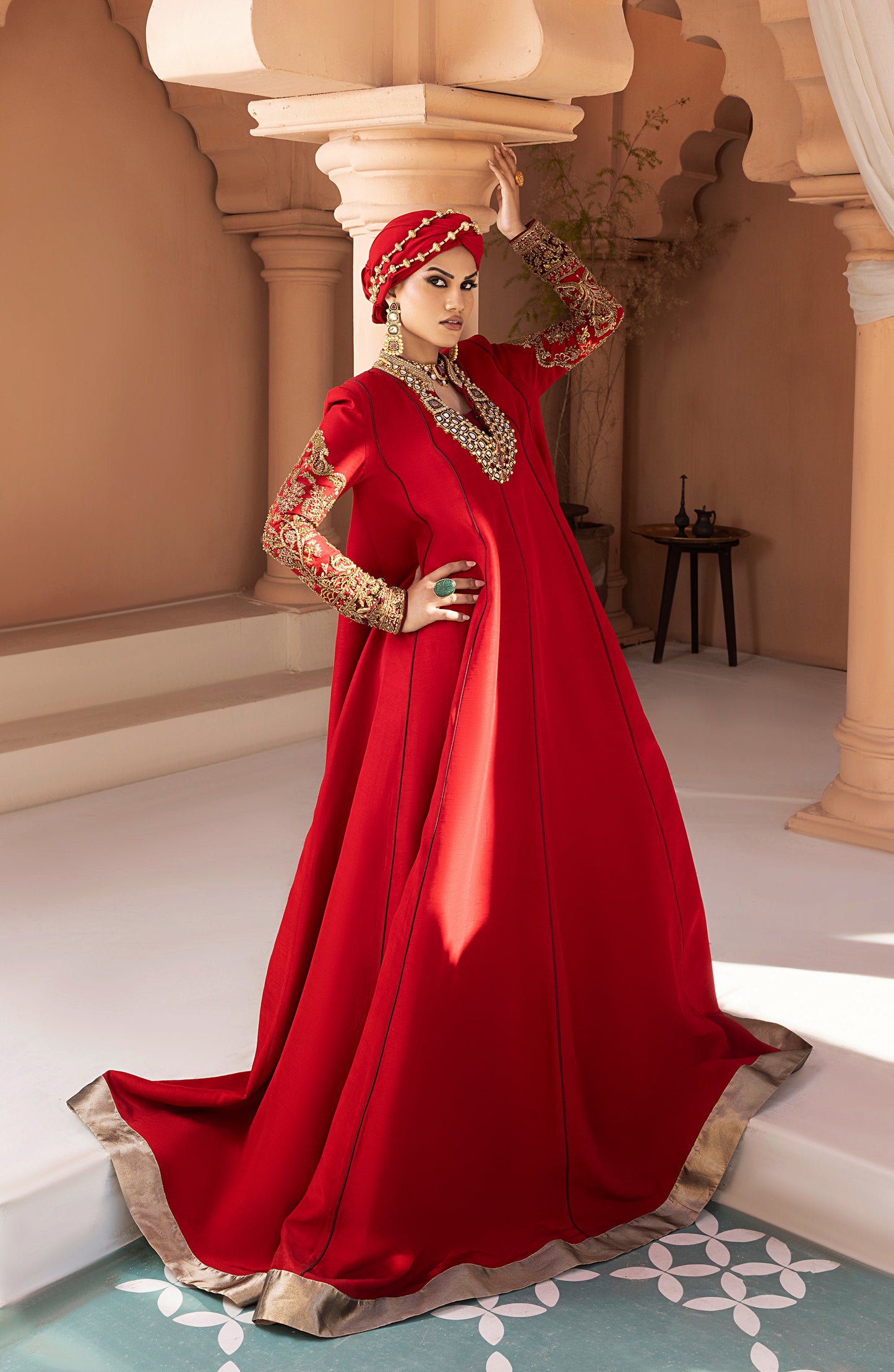 Ruby Red - Antique Embellished Floor-Length Gown