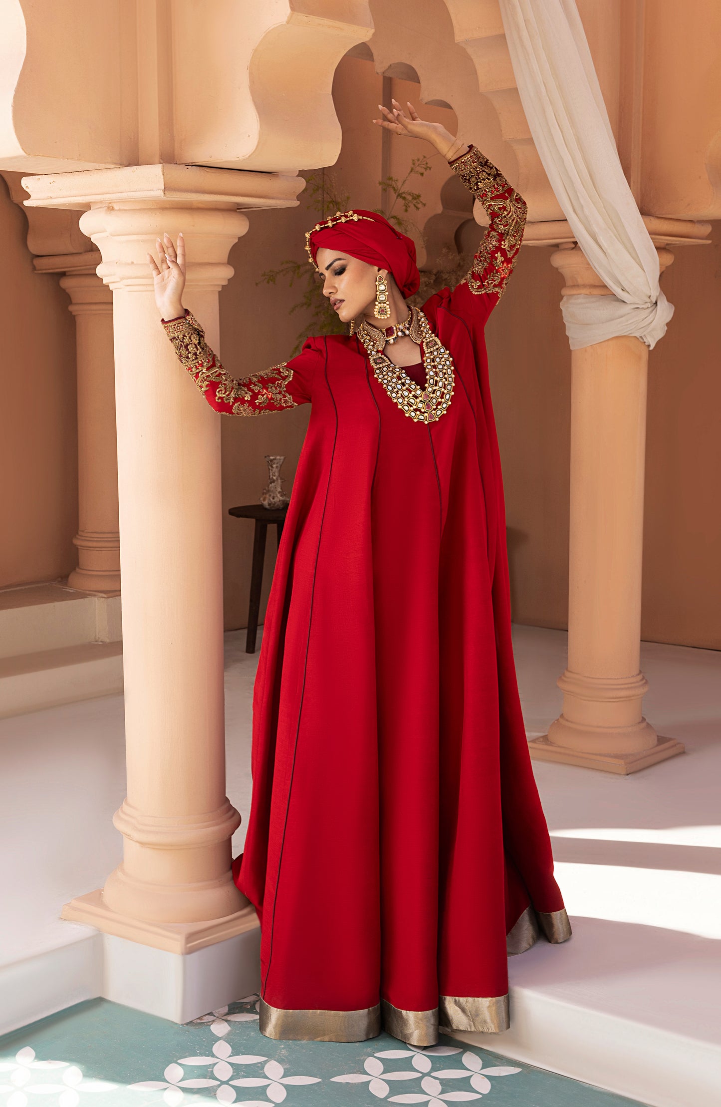 Ruby Red - Antique Embellished Floor-Length Gown