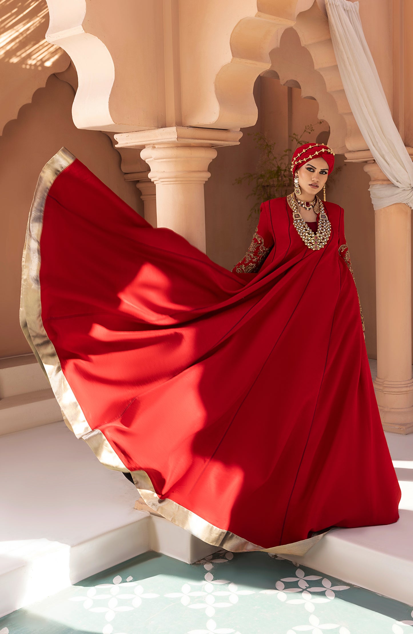 Ruby Red - Antique Embellished Floor-Length Gown