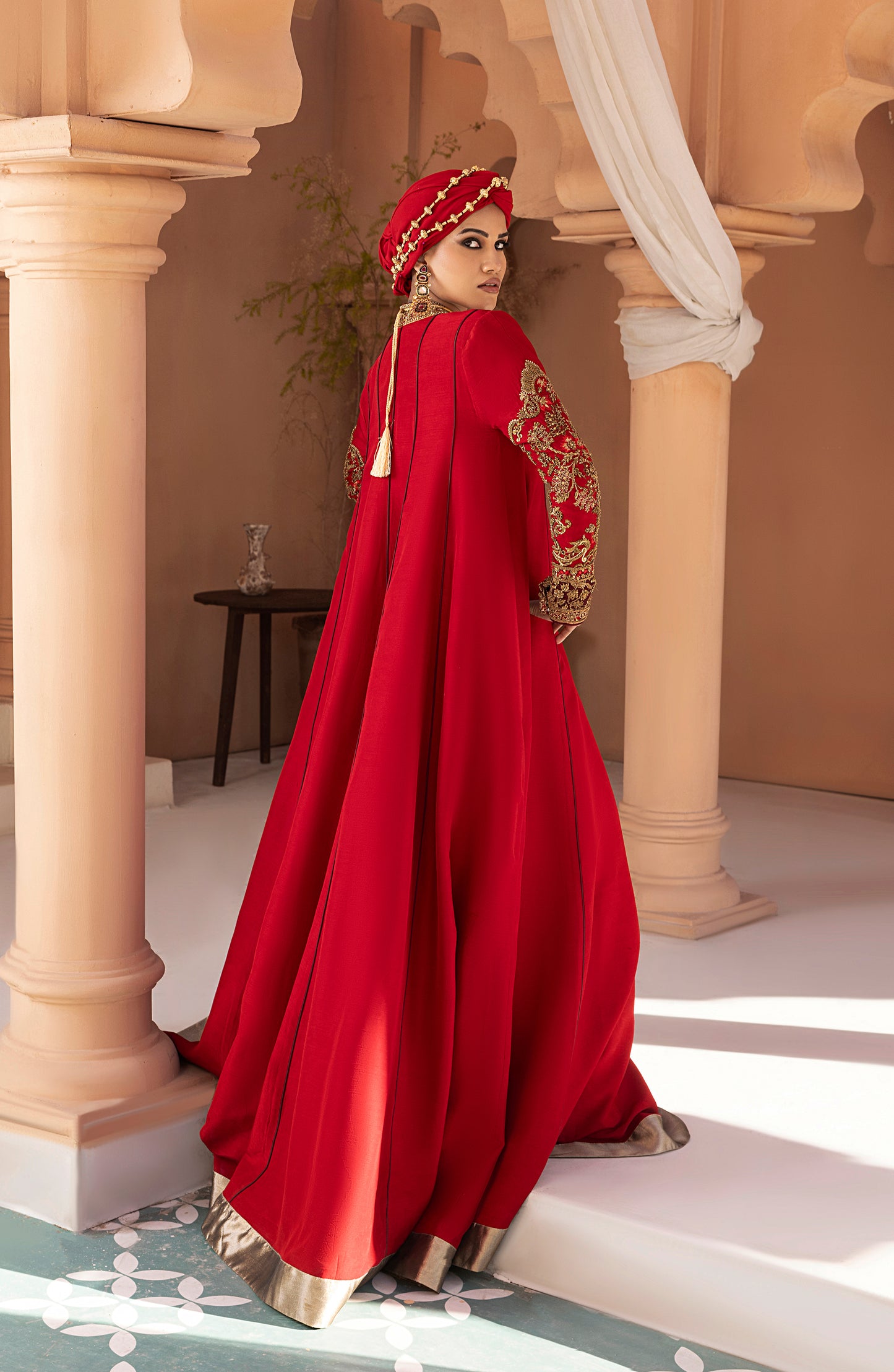 Ruby Red - Antique Embellished Floor-Length Gown