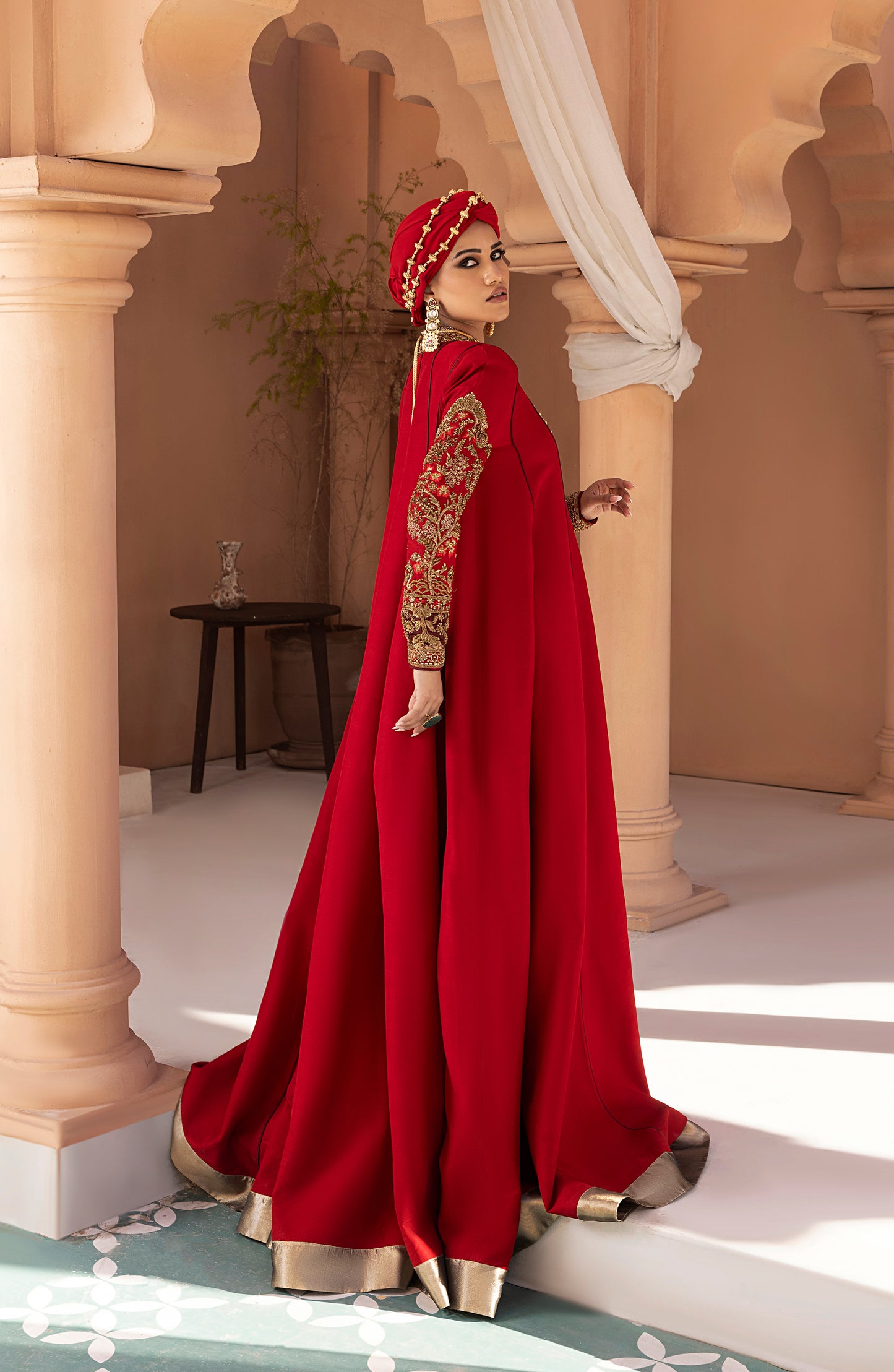 Ruby Red - Antique Embellished Floor-Length Gown