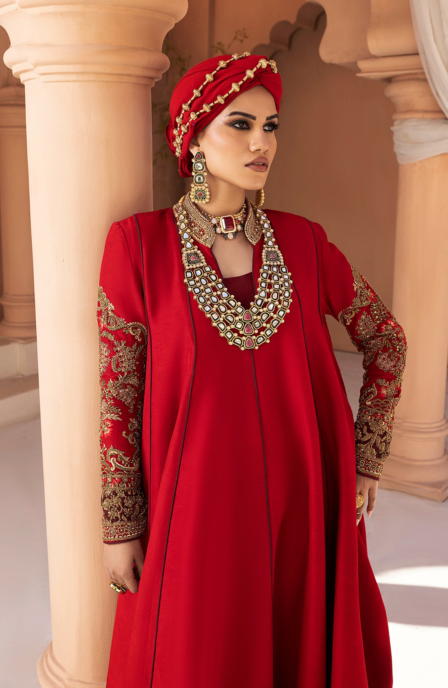 Ruby Red - Antique Embellished Floor-Length Gown