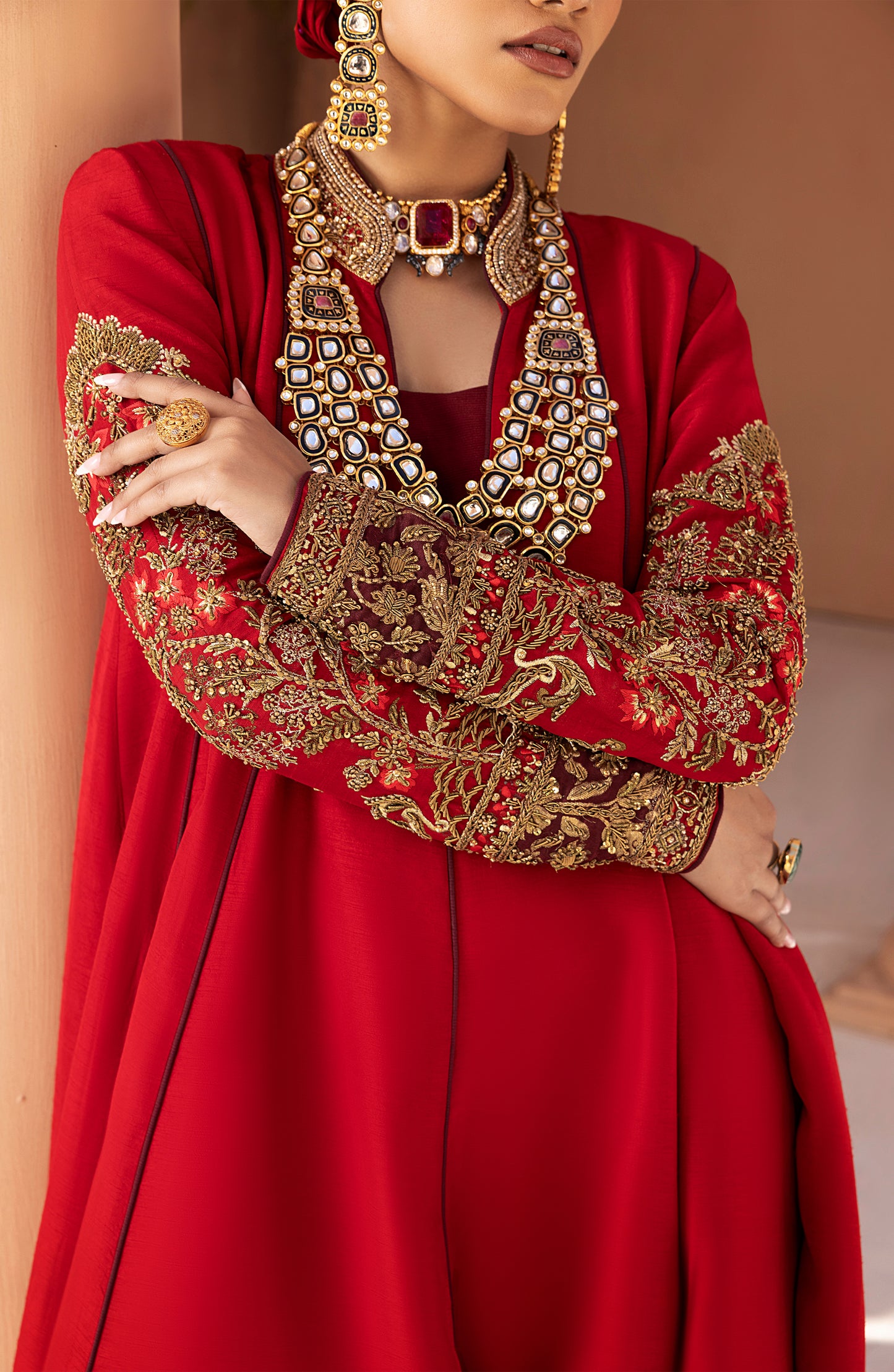 Ruby Red - Antique Embellished Floor-Length Gown