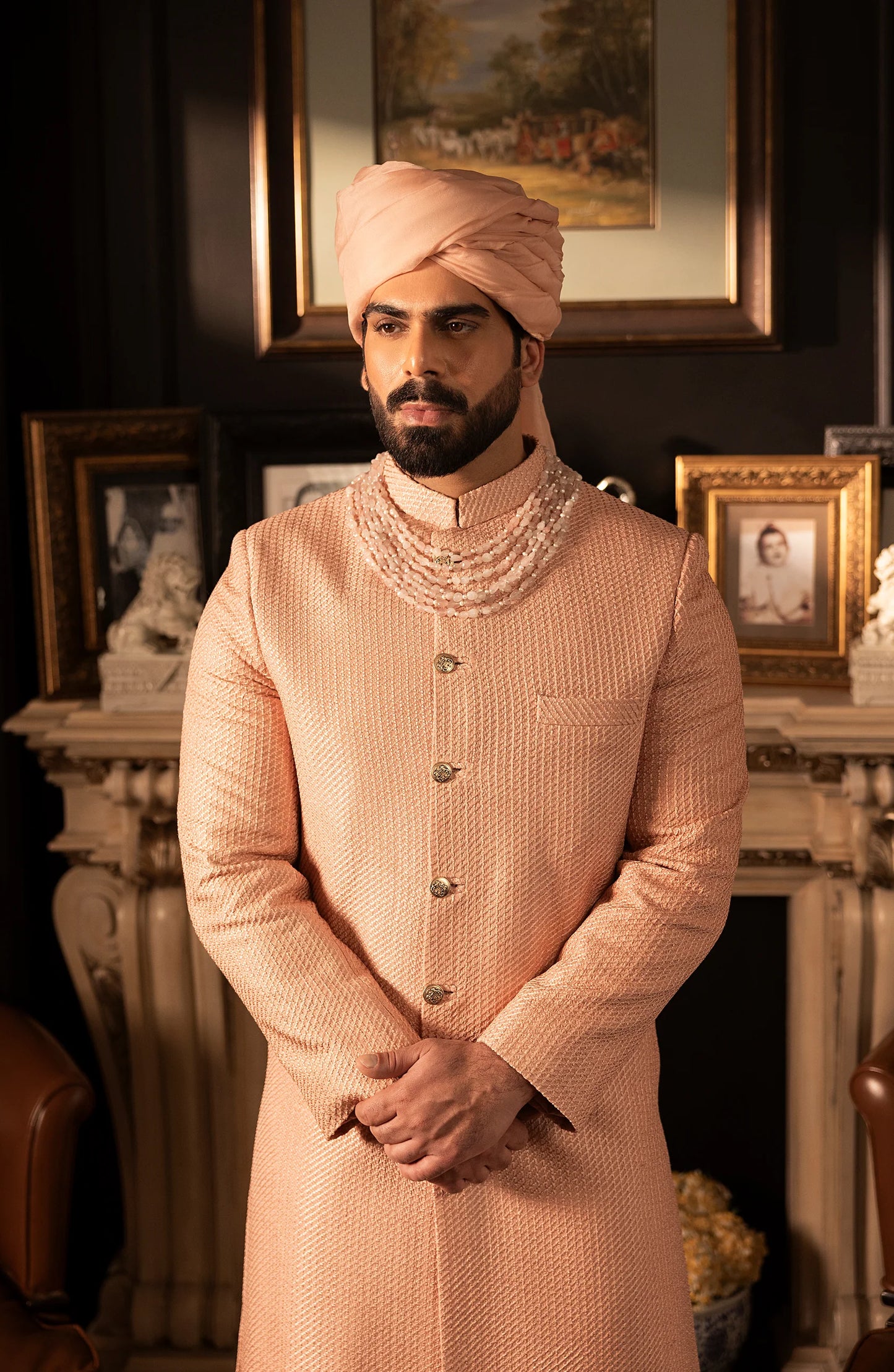 HSY Elegant Salmon Pink Sherwani in Silk