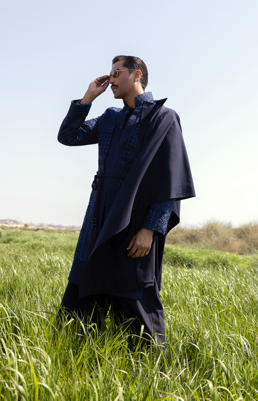 Suavé - 1920s Inspired Navy Blue Sherwani Paired with Loose Fit Pants
