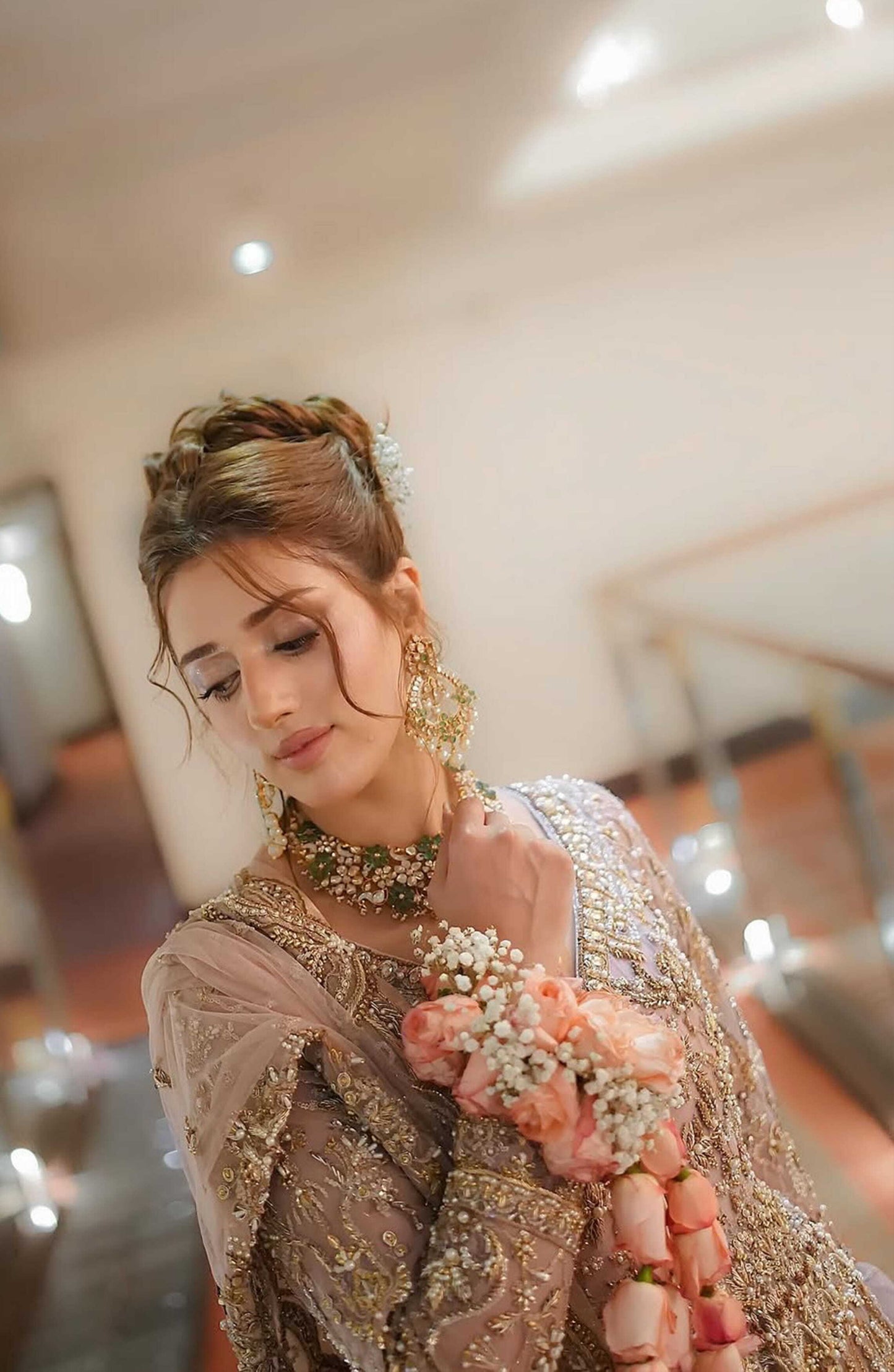 Rose Pink Floor-length Gown with Ombré Lehenga