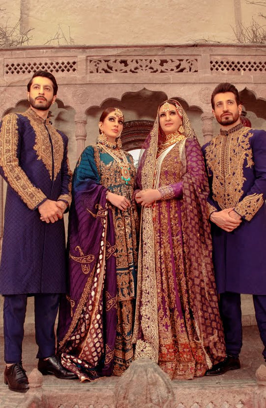 Embroidered Navy Blue Sherwani Paired with Raw Silk Pants