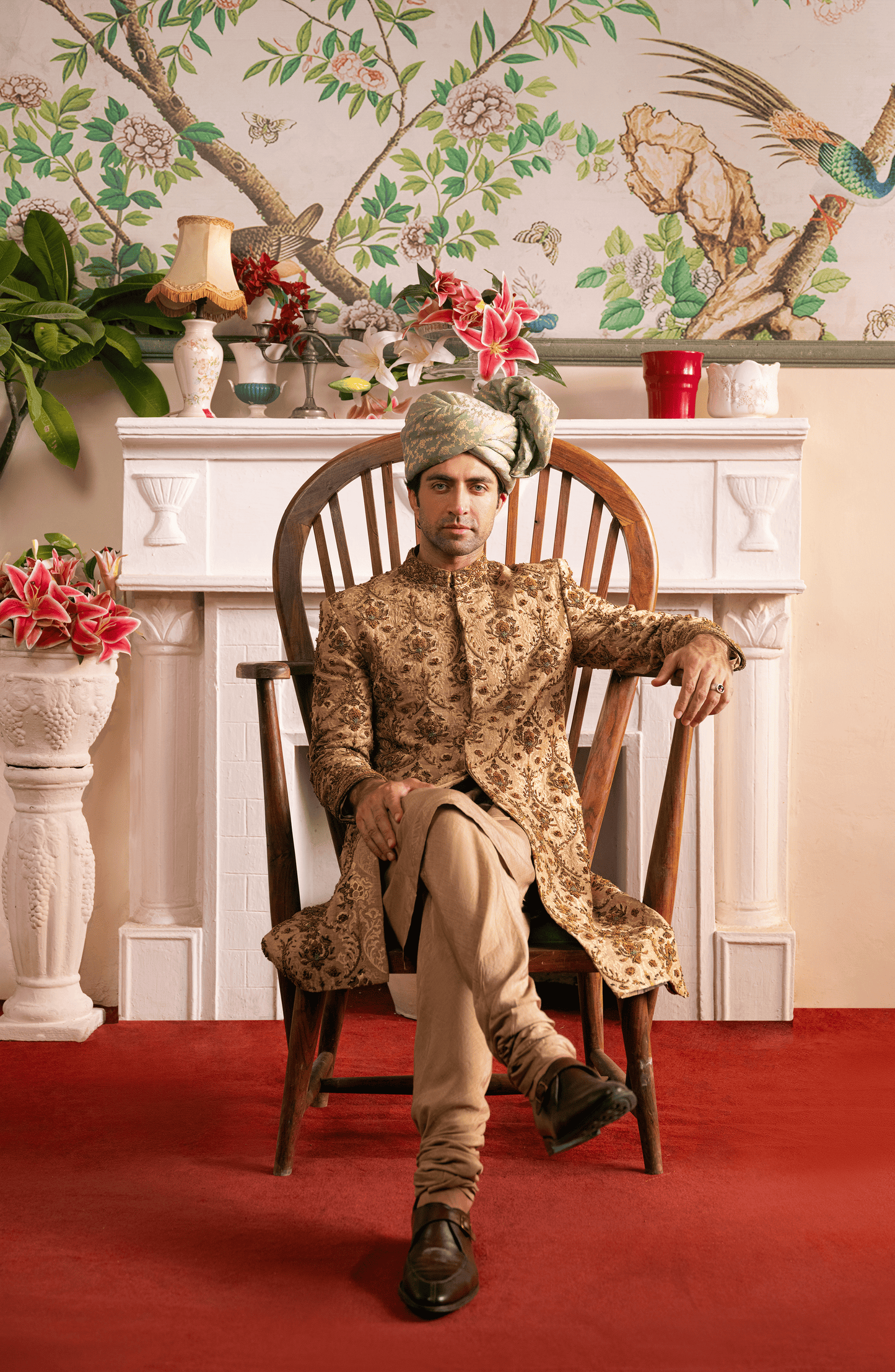 Shahjahan - Beige Sherwani, Silk Kurta, Chooridar Pajama & Turban