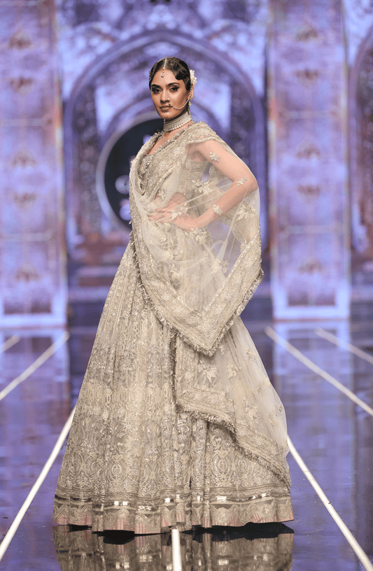 HSY Net Lehenga Choli Ensemble full view on the runway, Pakistani designer wear.