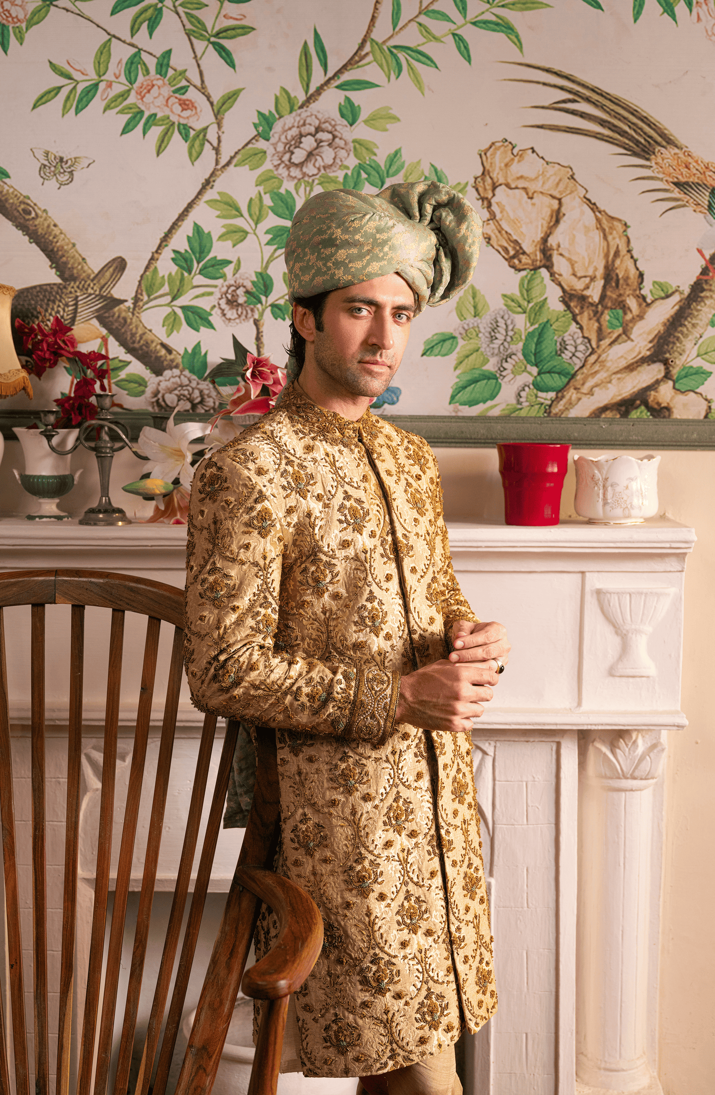 Shahjahan - Beige Sherwani, Silk Kurta, Chooridar Pajama & Turban