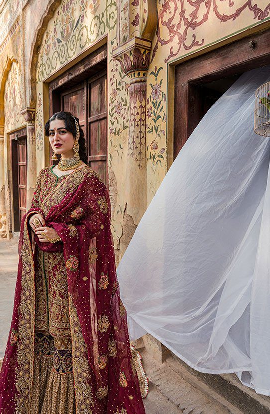 Bridal Traditionally Embroidered Shirt with a Trailing Gharara and Dupatta