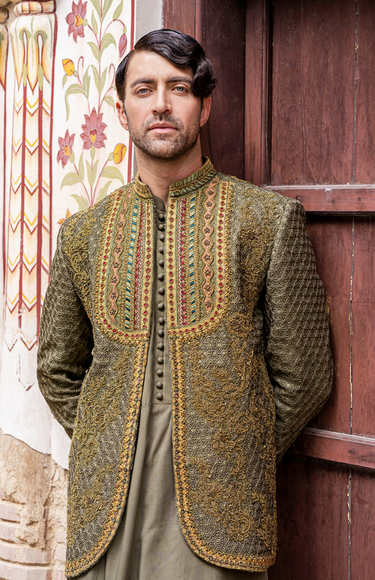Rajmend - Handcrafted Green Prince Coat with Rajasthani Kurta & Pajama