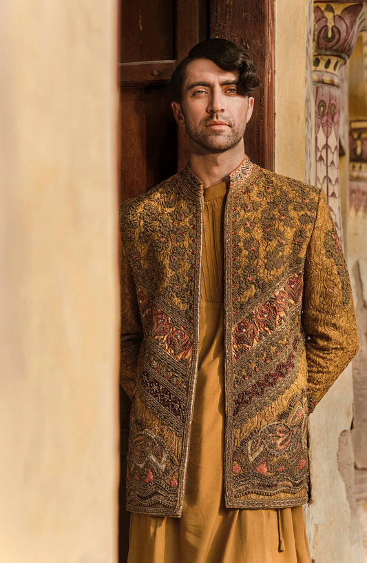 Rajveen - Handcrafted Mustard Prince Coat with Kurta and Pajama