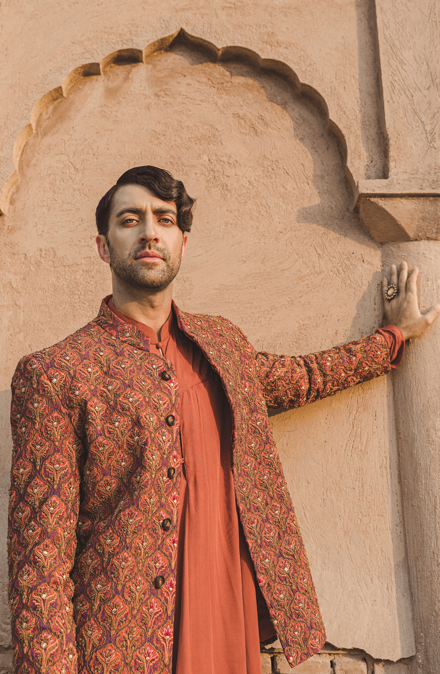 Handcrafted Rust Pakistani Prince Coat with Rajasthani Kurta and Pajama