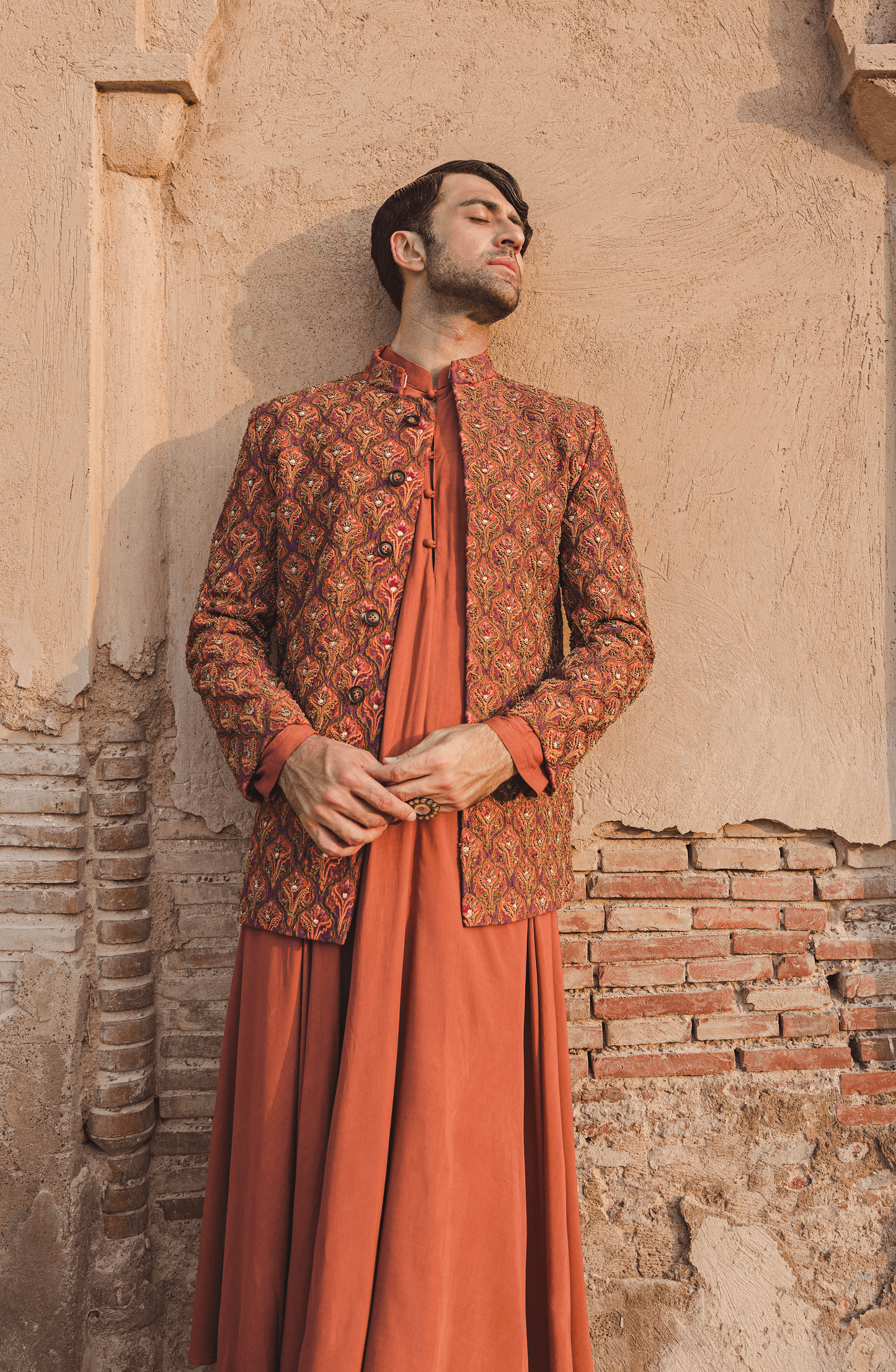 Handcrafted Rust Pakistani Designer Prince Coat with Rajasthani Kurta and Pajama