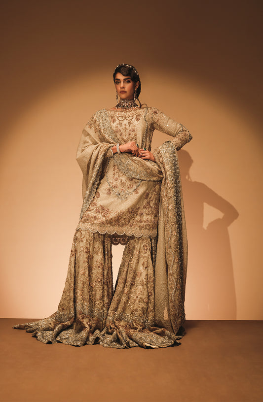 Andaaz - Bridal Shirt in French Beige Paired with a Farshi Gharara