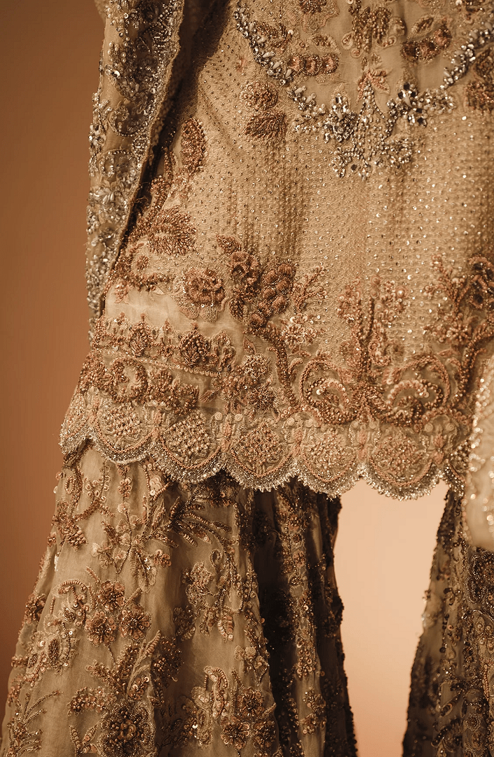 Andaaz - Bridal Shirt in French Beige Paired with a Farshi Gharara